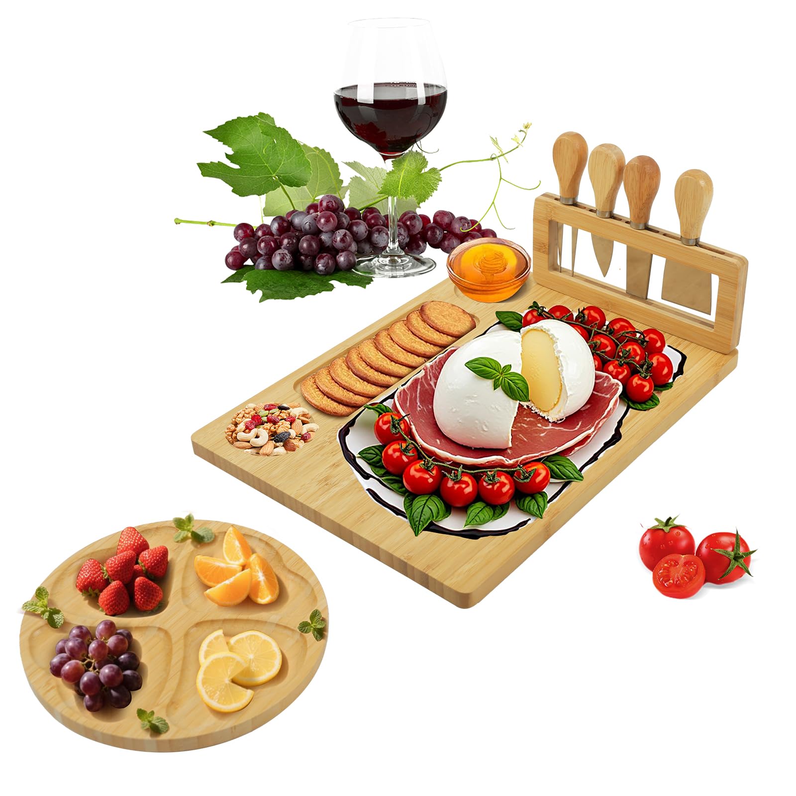 Tabla de Quesos y Bandeja Redonda Frutas, Tabla para Picoteo con 4 Cuchillos, set Tabla Quesos, Tabla Aperitivos Bambú para Familia, Cumpleaños, Aniversario, Boda, Navidad, Inauguración de Casa