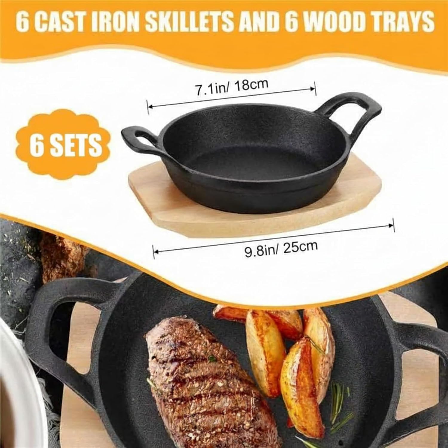 Nuogo 6 Sets Mini Cast Iron Fajita Skillet Mini Cast Iron Plates Skillet with Wooden Base Small Round Plate Metal Pan Pot for Cooking Party (7.1 Inches)