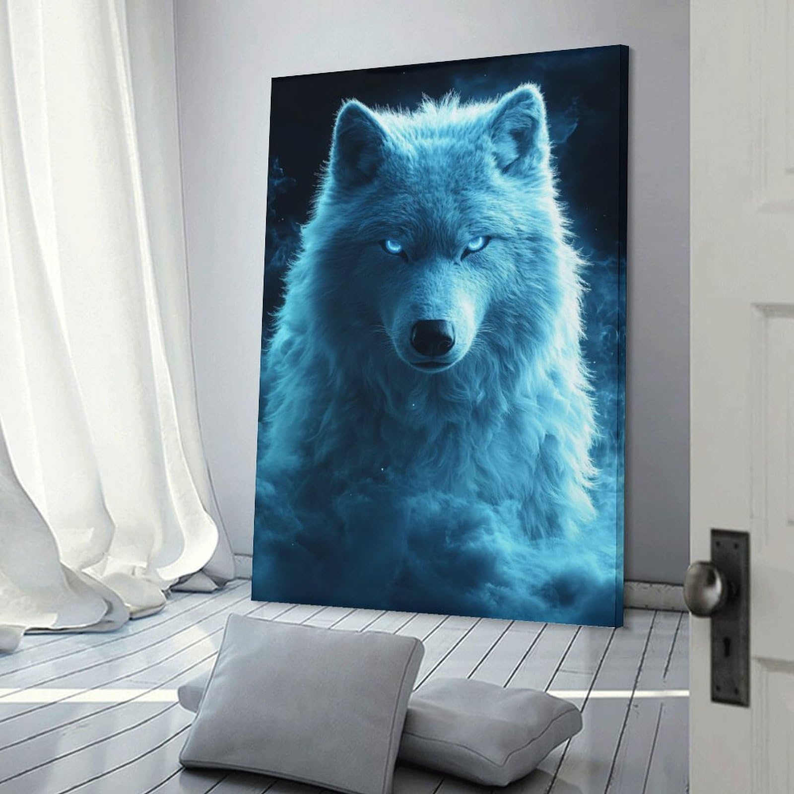 Junmoney Blue Wolf Portrait Canvas Wall Picture 16x24inch(40x60cm), for Living Spaces, Bedrooms Or Relaxed Rooms, Modern Wall Decor for Cosy Interiors
