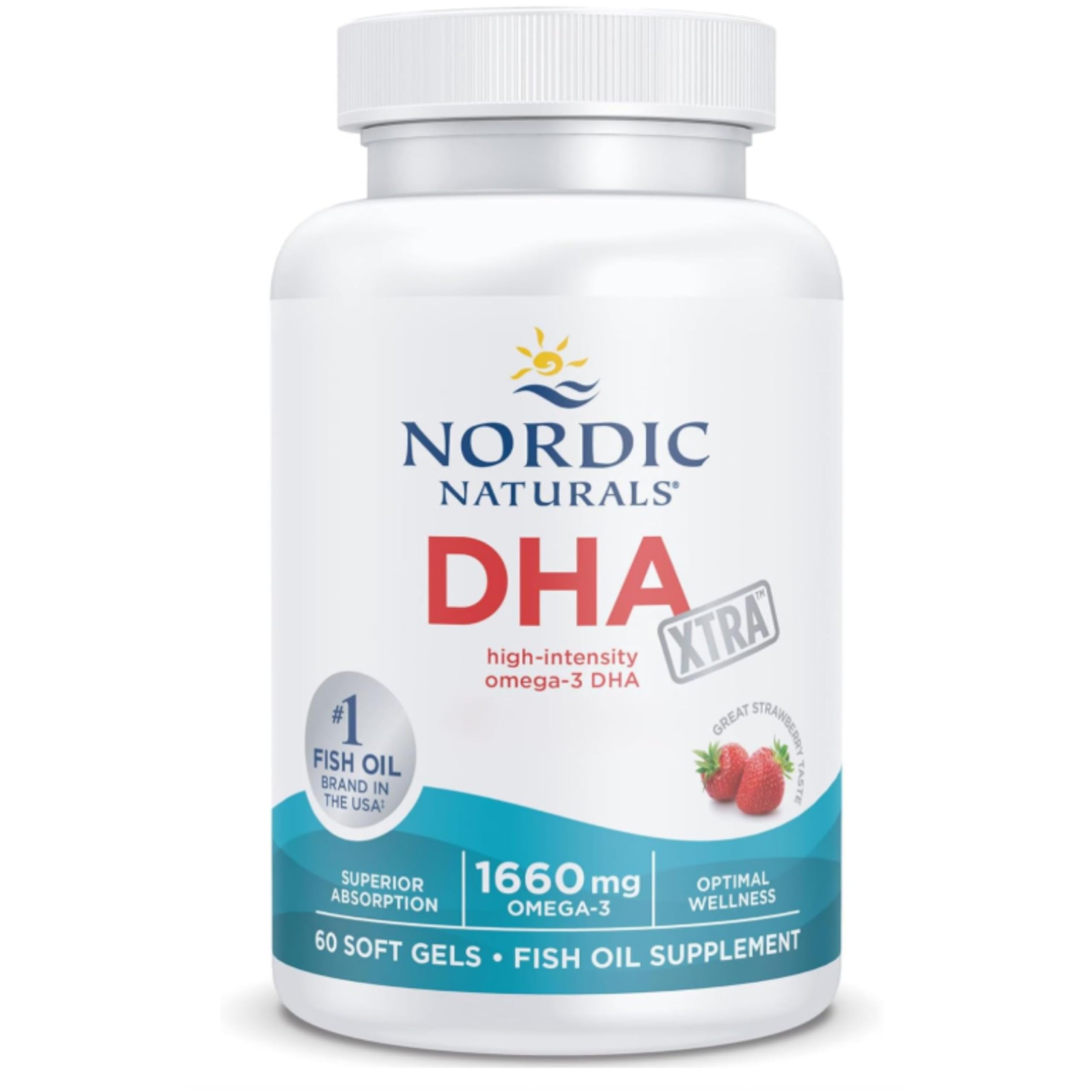 Nordic Naturals DHA Xtra 1660 mg, Omega-3-Kapseln mit hoher Stärke, Fischöl mit EPA und DHA, Erdbeer-Geschmack, 60 Weichkapseln, sojafrei, glutenfrei