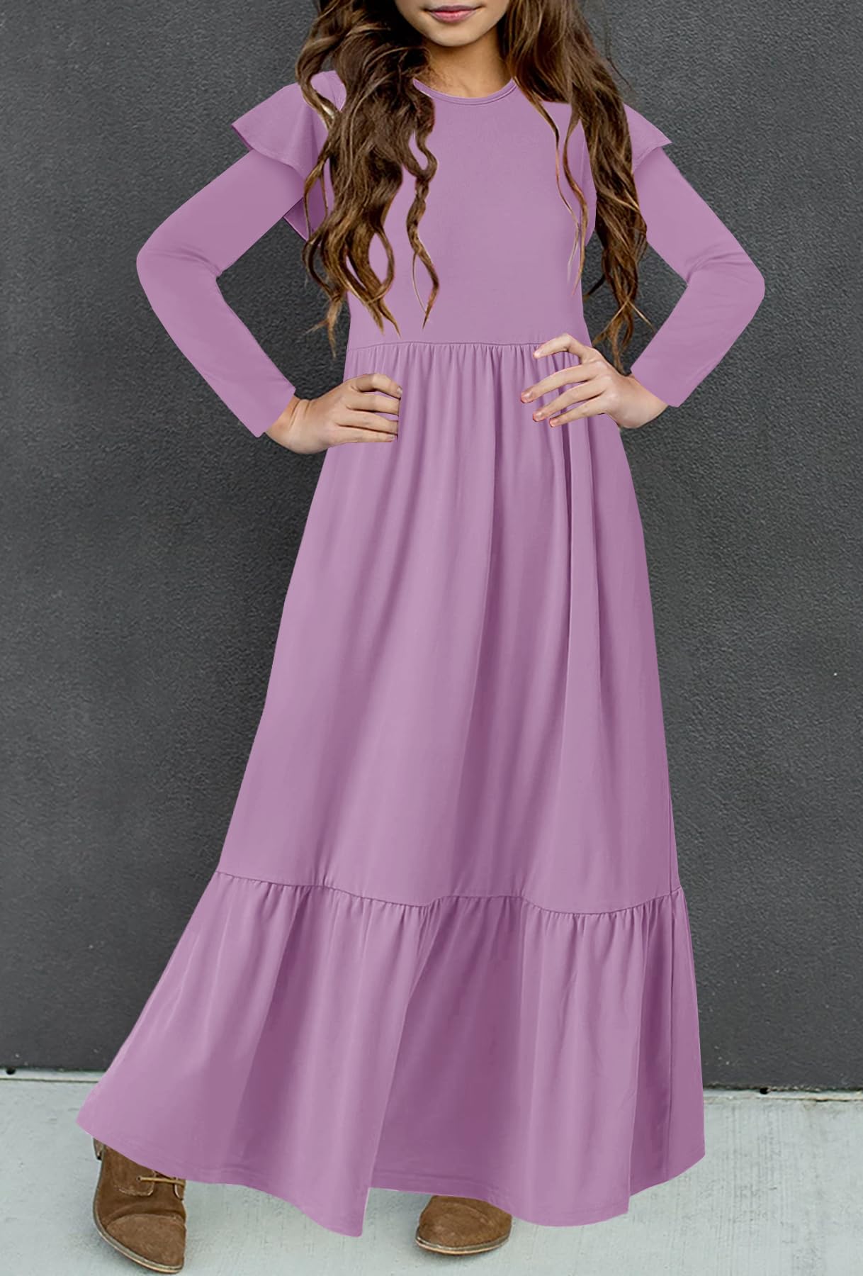 HOSIKA Maxikleid für Mädchen, Rüschen, lange Ärmel, Rundhalsausschnitt, locker, lässig, fließend, gestuft, mit Taschen, für 6–12 Jahre