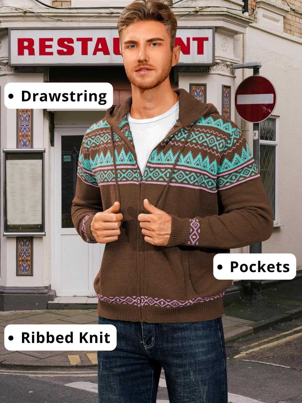 Fair Isle Cardigan Sweaters,Zip Up Sweater Hoodie Men,Casual Work House Going Out Knit Sweatshirt - Image 5