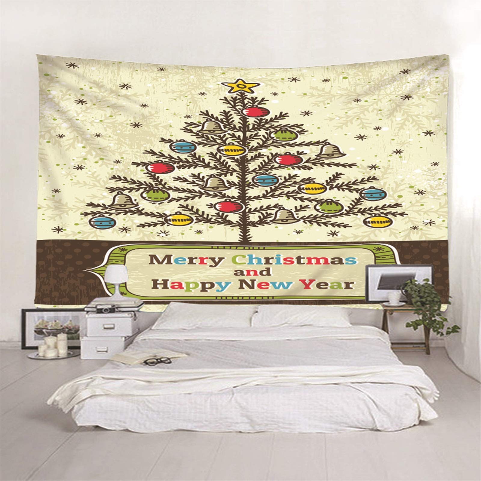 Tapiz Liso Pared, Decoracion Navidad Ventana Árbol de Navidad, Y, Campana, Copo de Nieve Beige Marrón Verde Poliéster Tapiz Pared Decoration 350X256cm