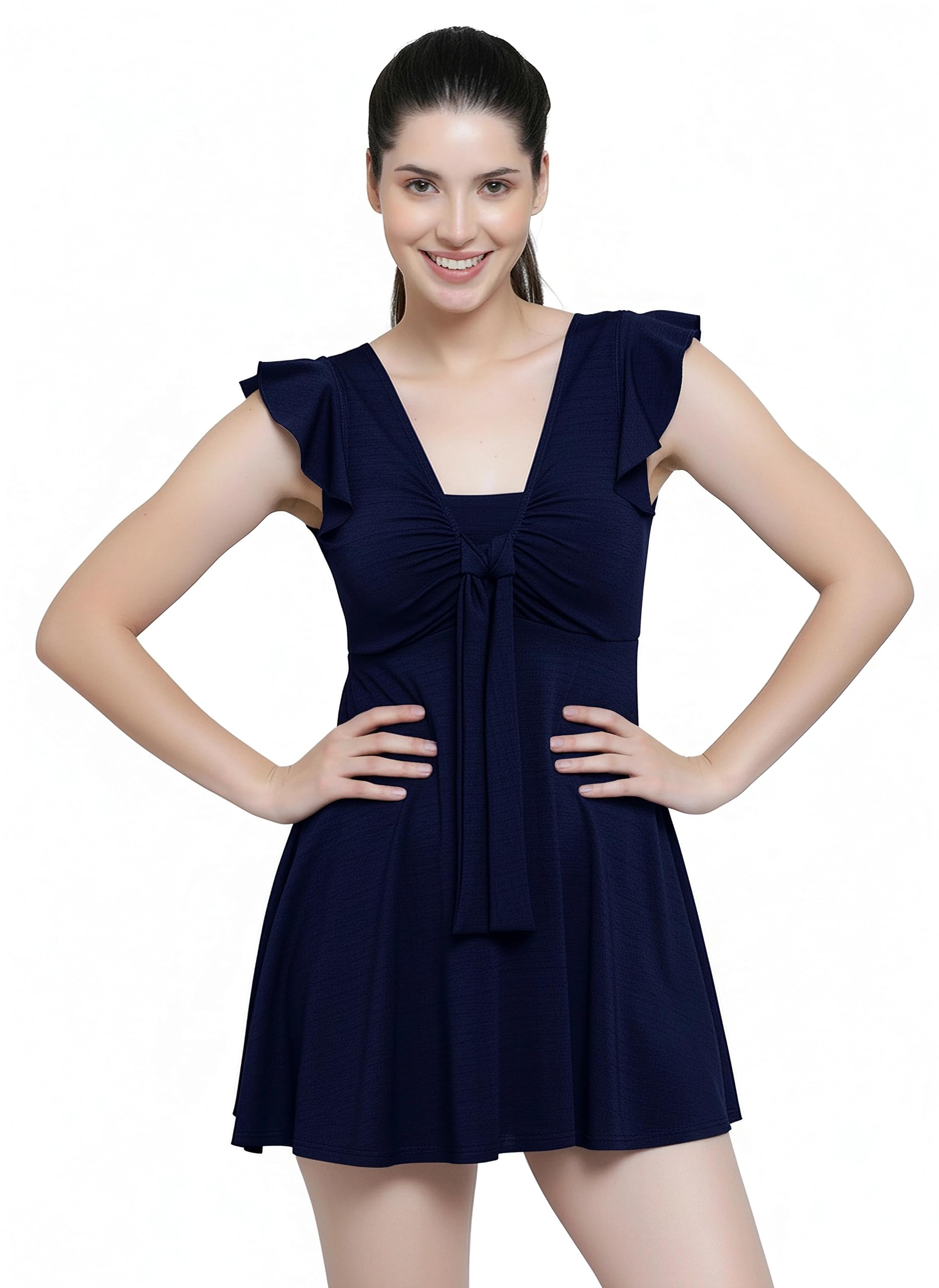 Women Front Tie Knot Ruched Frock Style Padded One Piece Swimming Costume