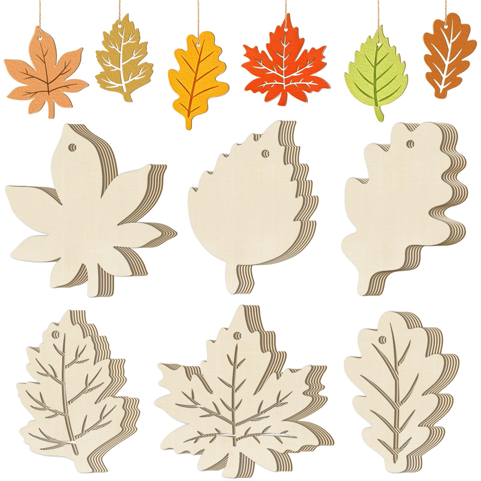 36 Pcs Fall Wooden DIY Maple Leaves Craft Kits Blank Autumn Ornaments Craft Kits Unfinished Wood Maple Leaves Slices Halloween Thanksgiving Hanging Decorations for Classroom Activities Art Project