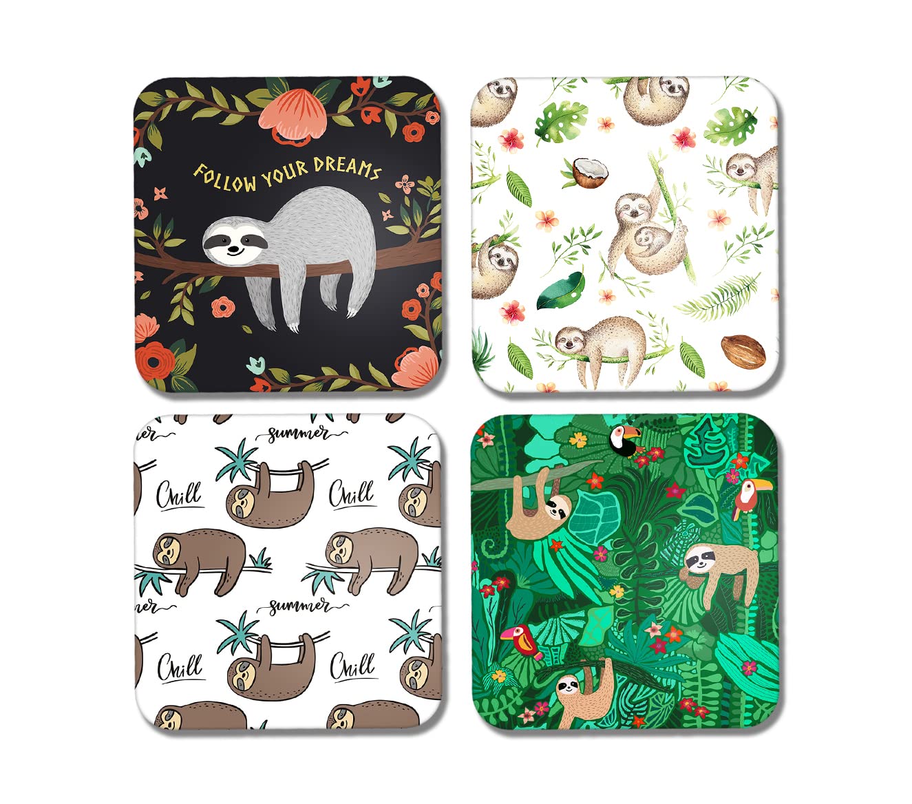 Dv Design Multicolor 4 X Square Lazy Sloth Coasters - Cartoon Dreams Animals Chill Zoo Gift #77930