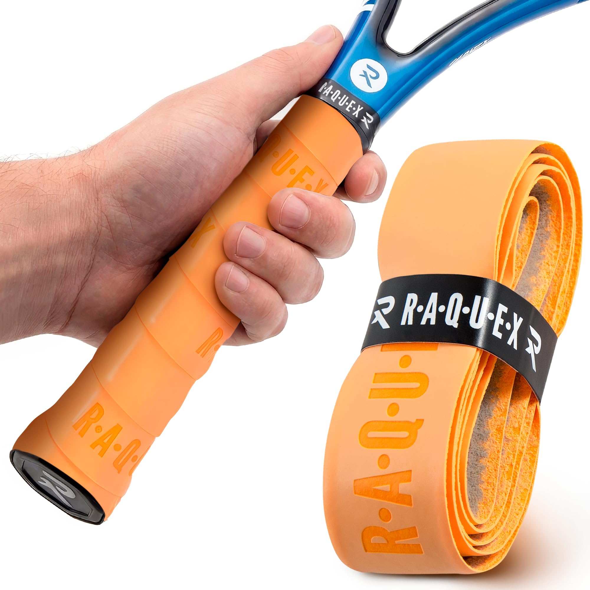 Raquex Enhance Replacement Racket Grip: Tennis Grip, Badminton, Squash Grip Tape, Padel, Pickleball. 14 Colours. Premium, Self-Adhesive Tennis Racquet Grip with Finishing Tape (Orange, 10 Grips)