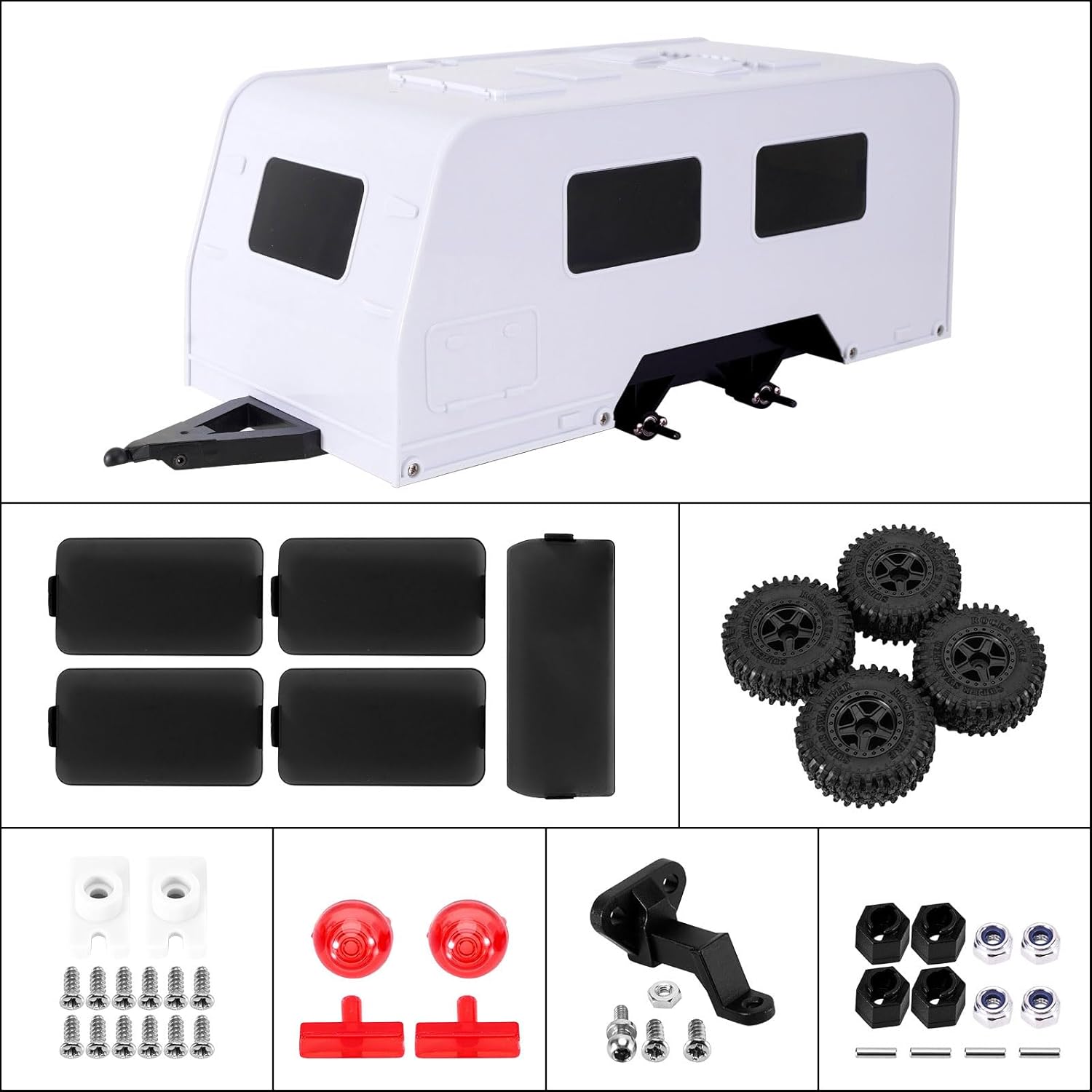 INJORA Travel Camper Trailer with Hitch for 1/18 RC Crawler TRX4M Upgrade(White)