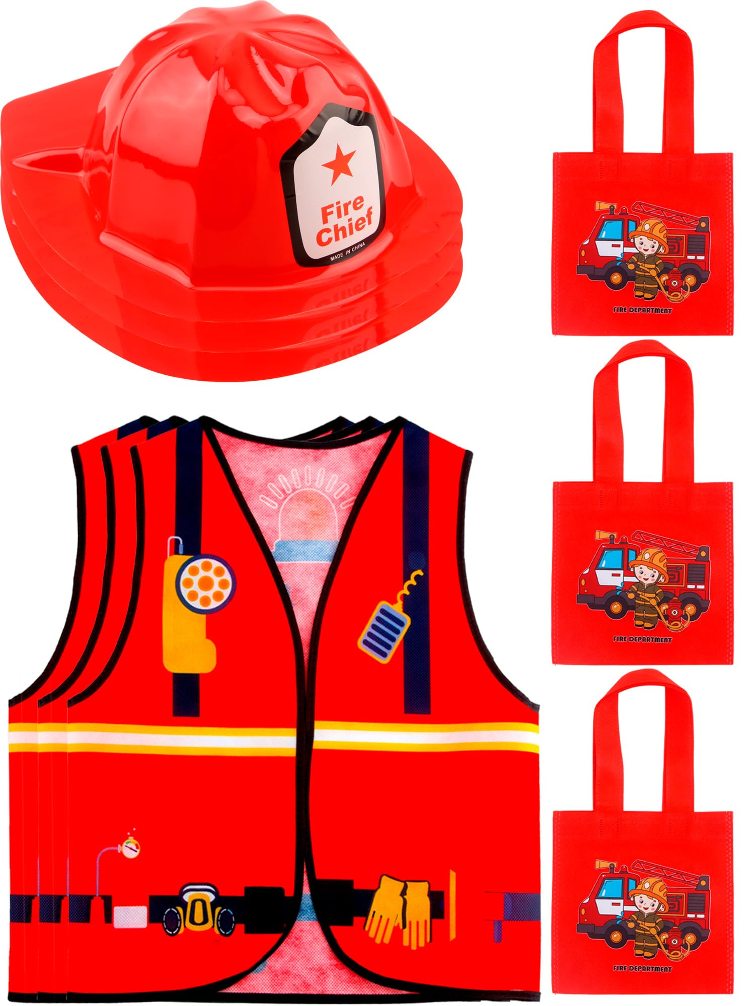 Flotory 9 Pcs Kids Fireman Costumes Include 3 Firefighter Vests 3 Fireman Helmets 3 Firefighter Tote Bag Firefighter Dress Up Set for Boys Girls