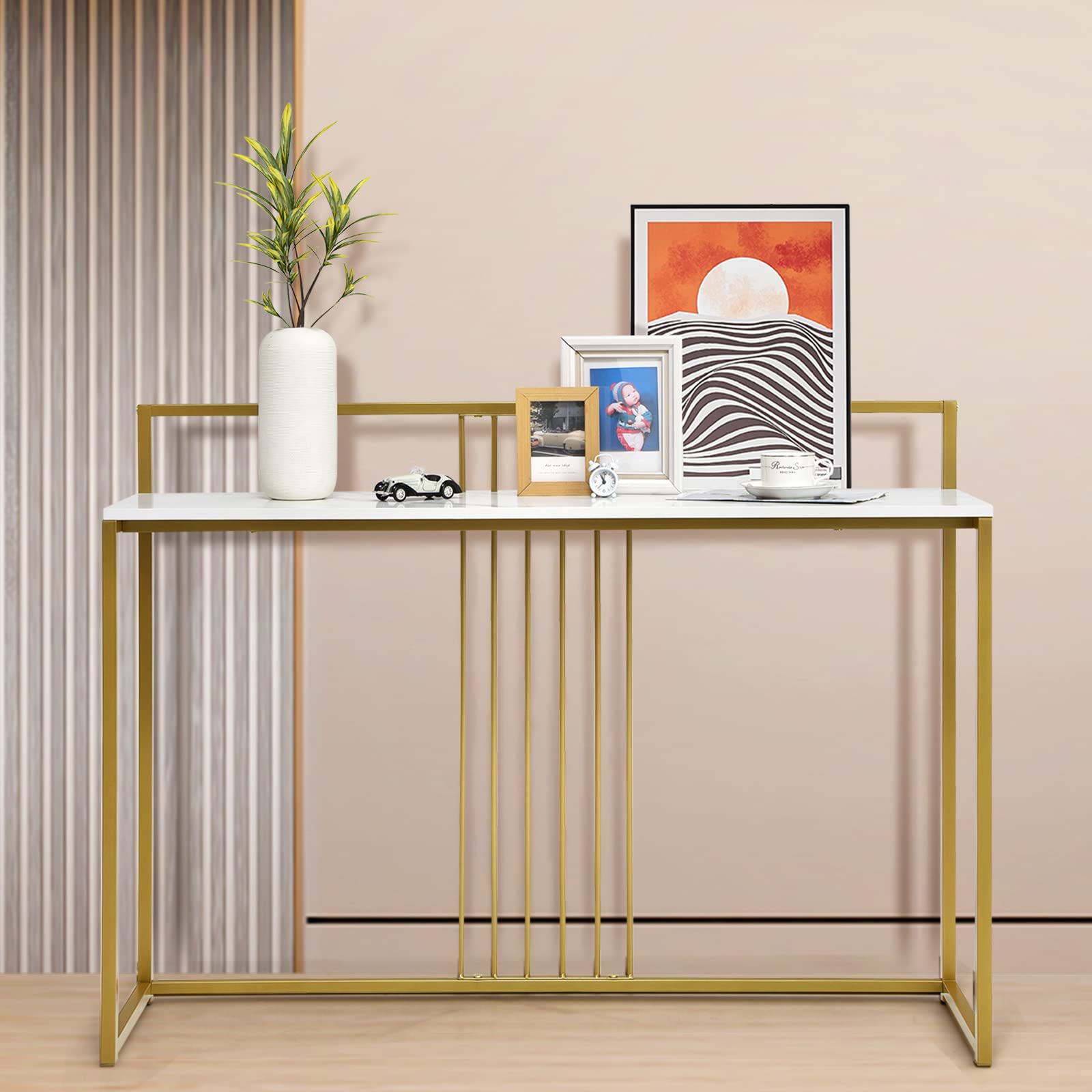 GIANTEX Tavolo Consolle in Marmorizzato Oro, Tavolino da Corridoio Struttura in Metallo, Tavolino da Salotto Design Moderno e Sottile, 120 x 30 x 88 cm (Bianco+Oro)