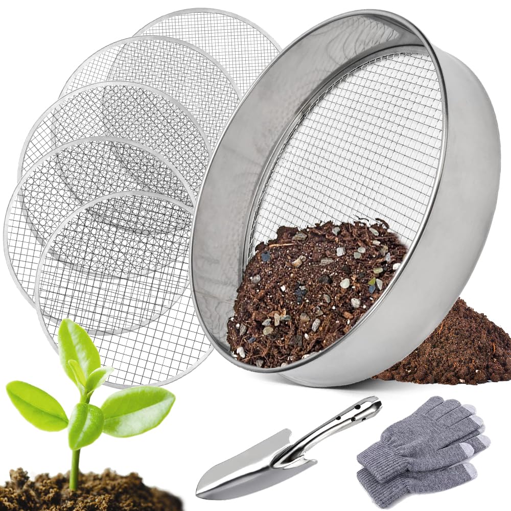 Tamis de Jardin en Acier Inoxydable,5 en1 Tamis Jardin Rond 30 cm,avec 5 Tamis Interchangeables Ø 3,6,9,10,12 mm,Tamis de Jardin Rond,Tamis à Compost pour Terre, Compost, Semences
