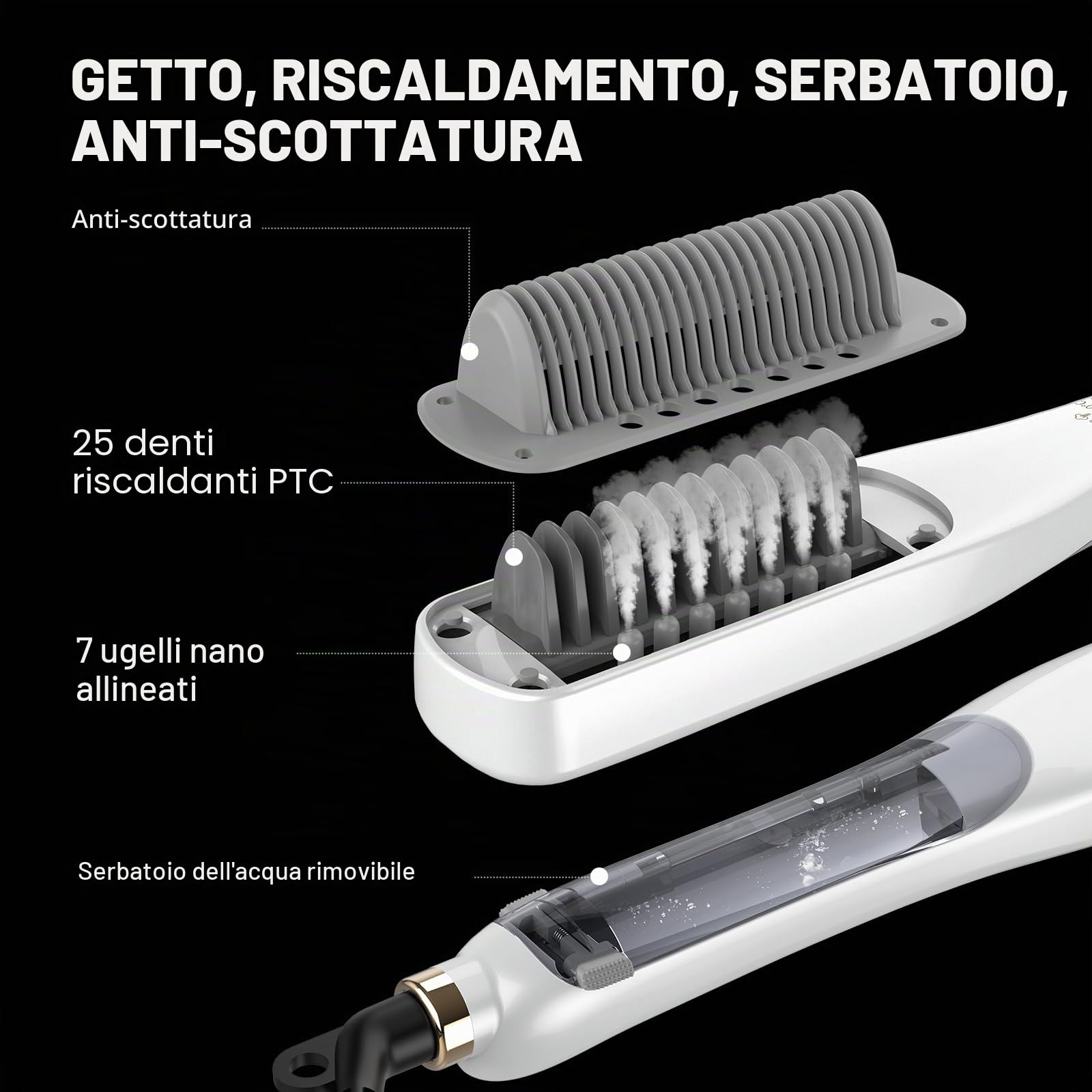 Piastra a Vapore Professionale, Spazzola Lisciante a Vapore per Capelli, 4 Temperature Regolabili, 160℃-210℃, Ferro da Stiro con Tecnologia a Vapore (Bianco, Spazzola a Vapore)
