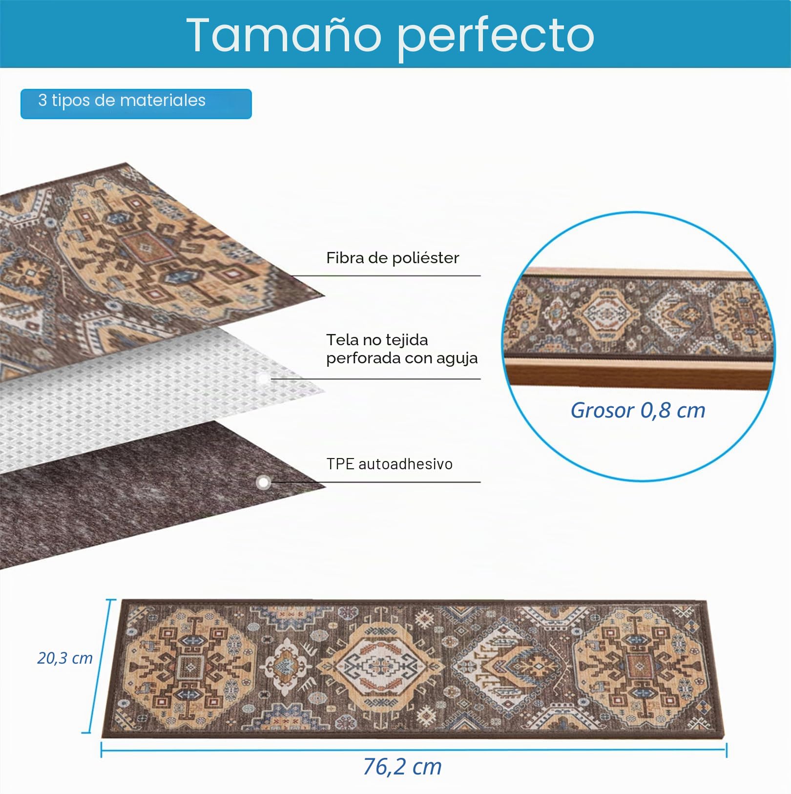 Peldaños antideslizantes y lavables, 8 x 30 x 0.3 pulgadas, alfombra suave y cómoda para superficies de madera, mármol, vinilo o metal, interiores, exteriores, escaleras, pasillo (8 x 30
