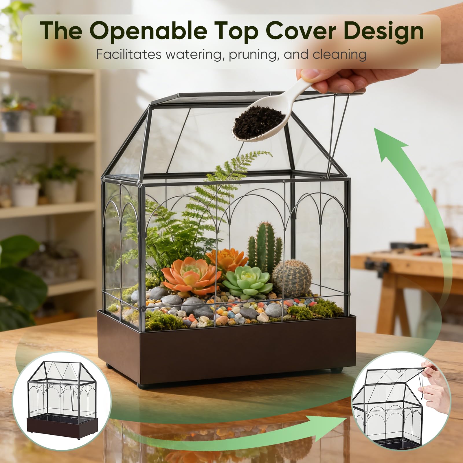 Mini Gewächshaus, 24x14,5x28cm Terrarium mit Aufklappbarem Glasdeckel, Volltransparentem Glas und Bodenwanne,Fensterbank Innen Gewächshaus aus Metallglas für Wohnzimmer und Büro auf der Fensterbank