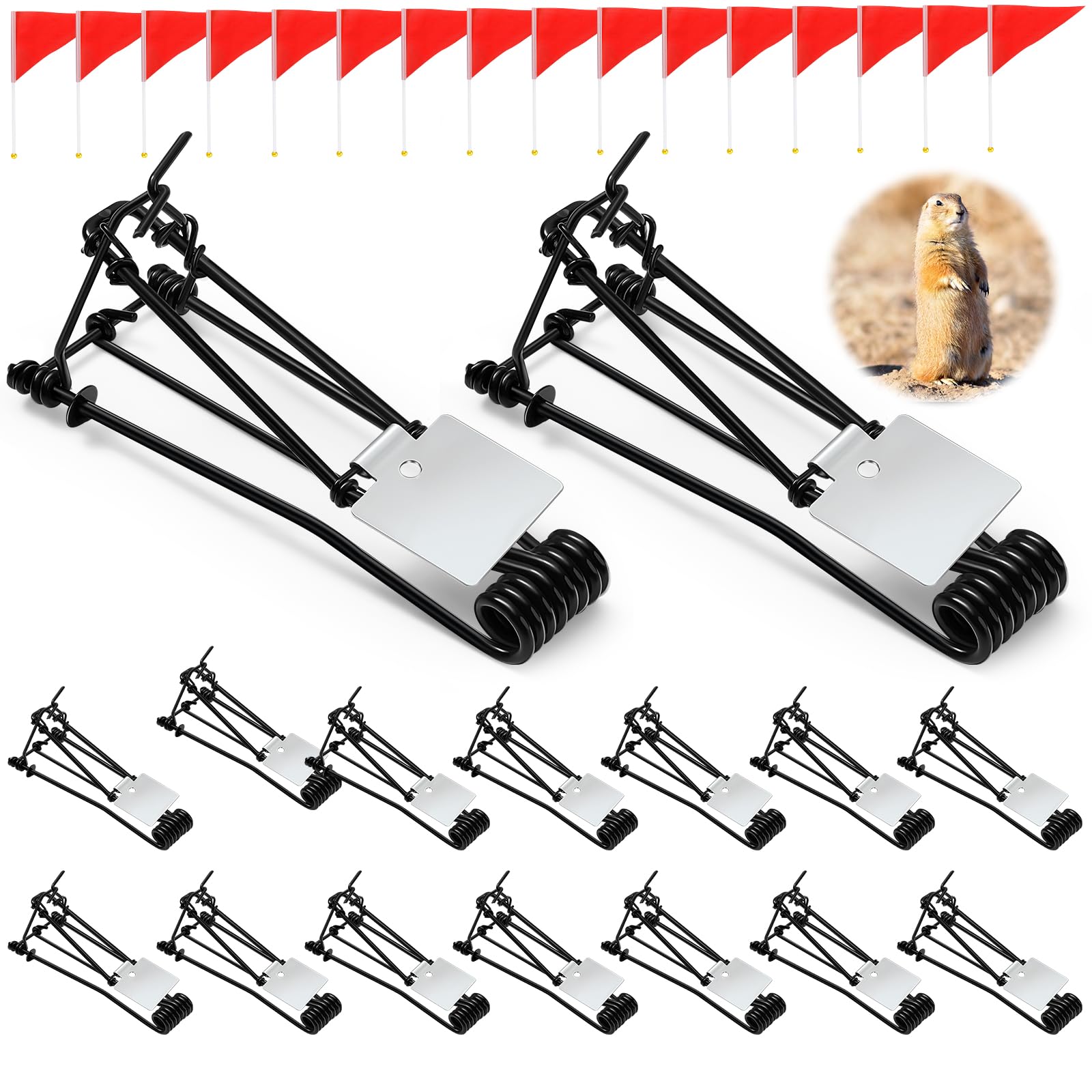 Qualirey32 Pcs Mole Traps with Red Stick Flags Galvanized Easy Set Reusable Weather Resistant Outdoor Gopher Vole Trap for Lawn Yard Garden Farm