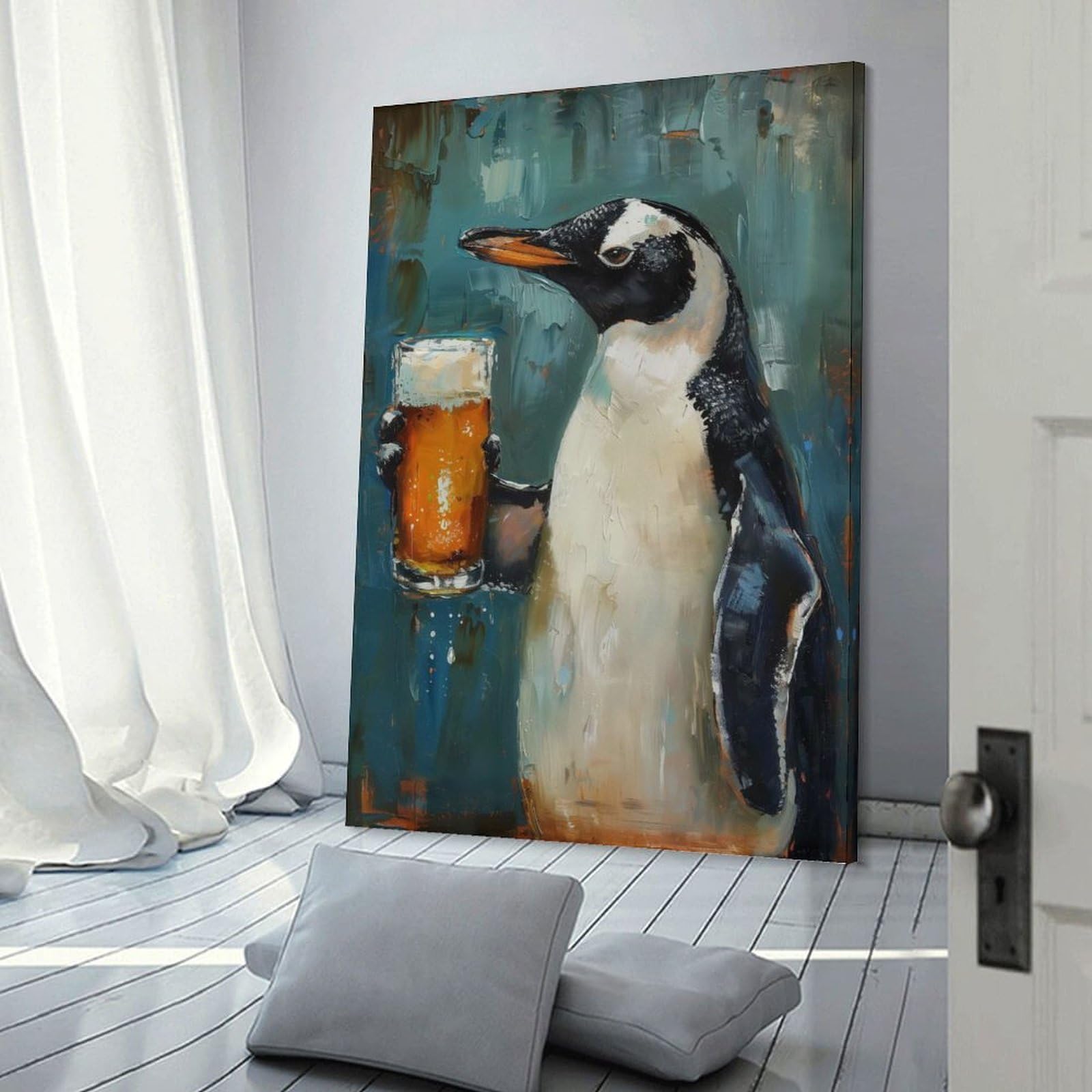 Junmoney Frame-Style-18 Beer Drinking Penguin Canvas Wall Decor, 24X36inch(60X90cm), For Flats, Guest Rooms Or Compact Rooms, Decorative Canvas Decor For Home Updates