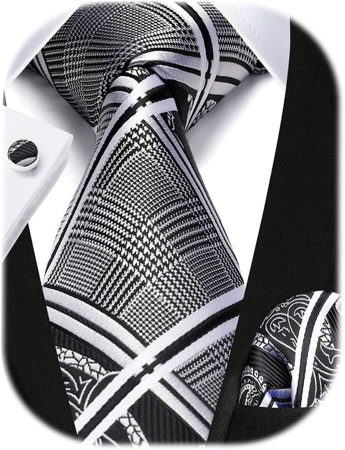 HISDERN Mens Ties Set Stripe Plaid Ties for Men and Pocket Square Cufflinks Formal Silk Necktie Wedding Business