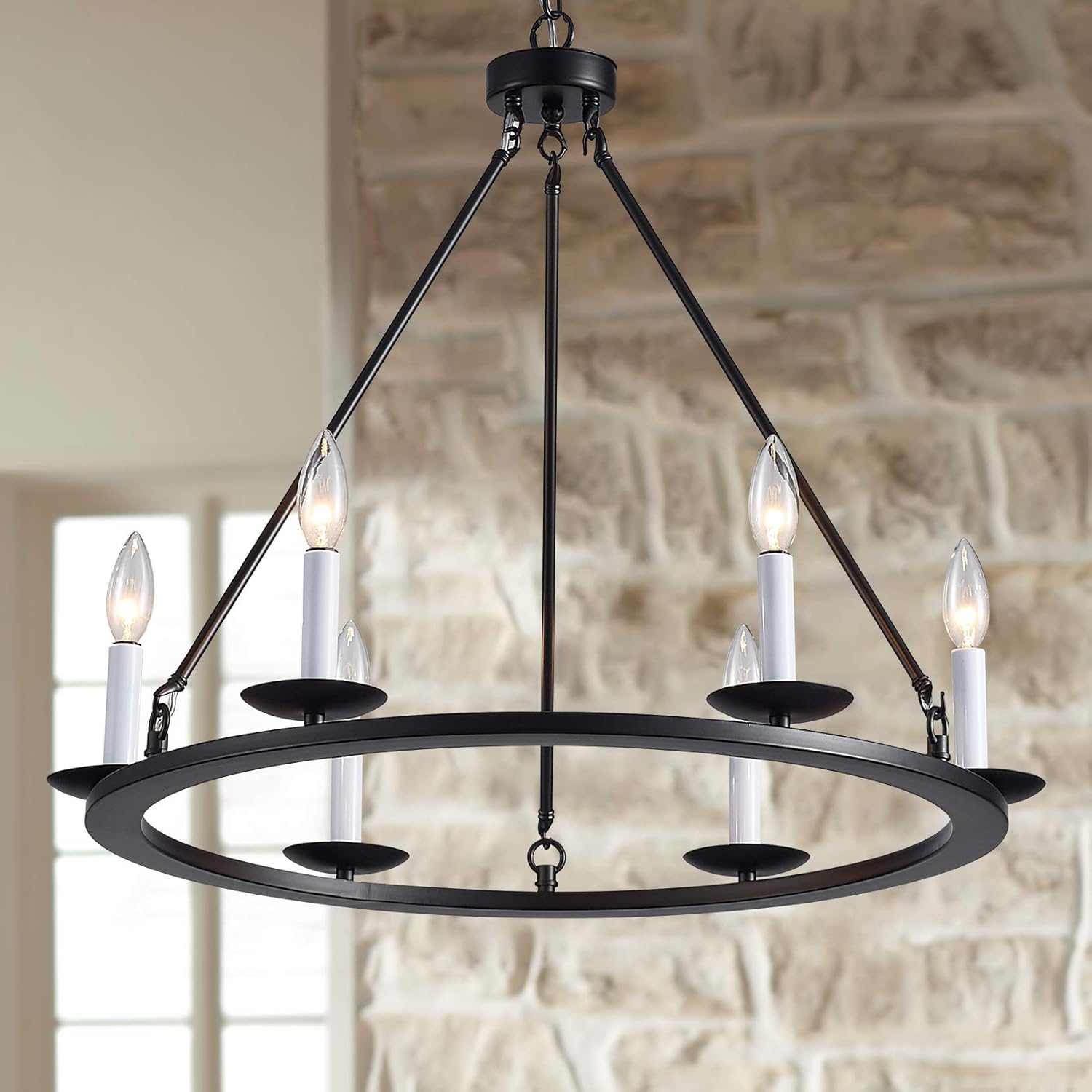 Bеѕt Sеllеr Bestier Wagon Wheel Chandelier 6 Lights Farmhouse Light Fixture Black Metal Finish 26 Rustic Kitchen Island Dining Pendant Lighting