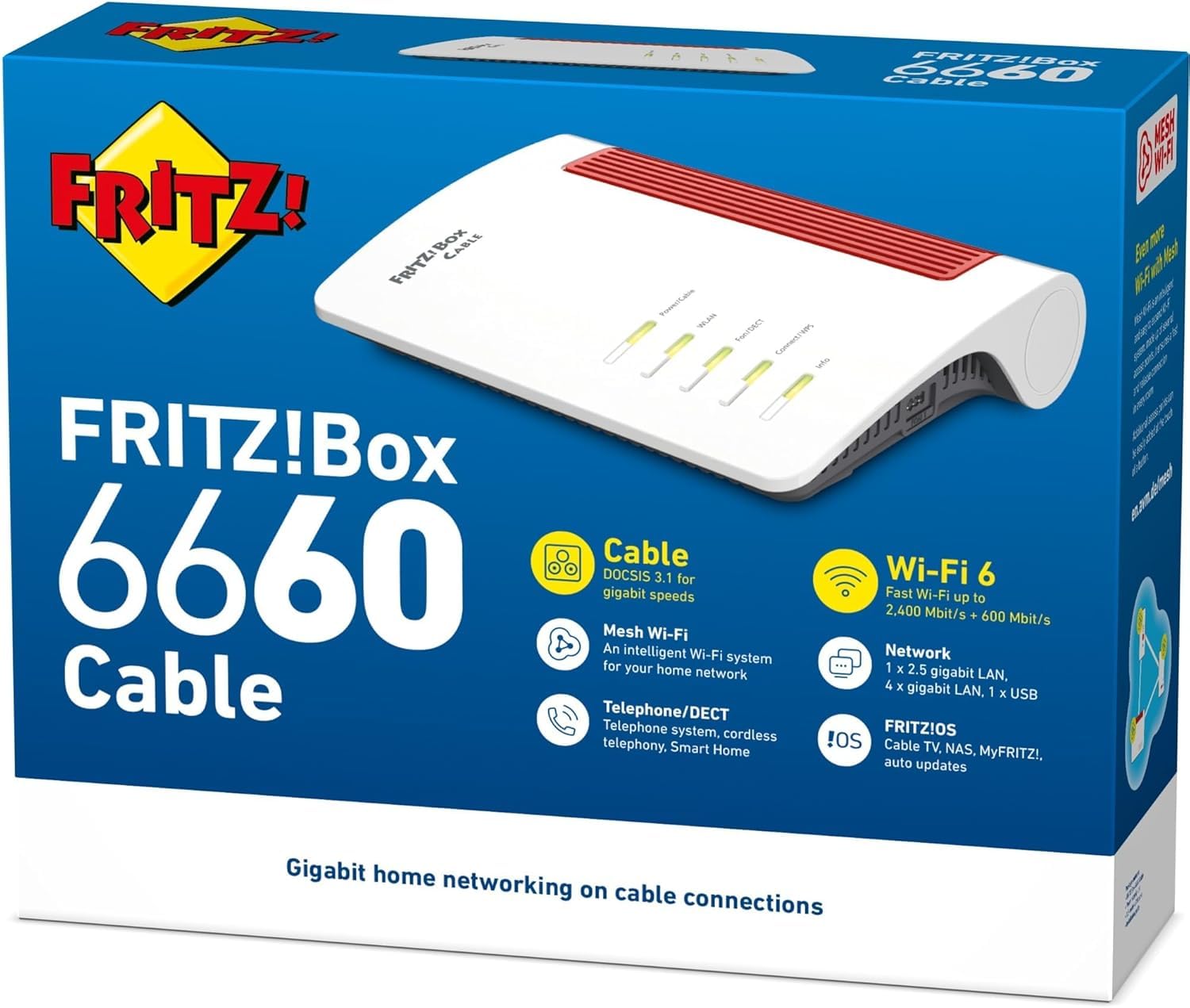 FRITZBox 6660 Cable (DOCSIS-3.1-Kabelmodem, 2x2 WLAN AX (Wi-Fi 6) mit 2.400 MBit/s (5 GHz) und 600 MBit/s (2,4 GHz), 1 x 2,5 Gigabit-LAN-Port)