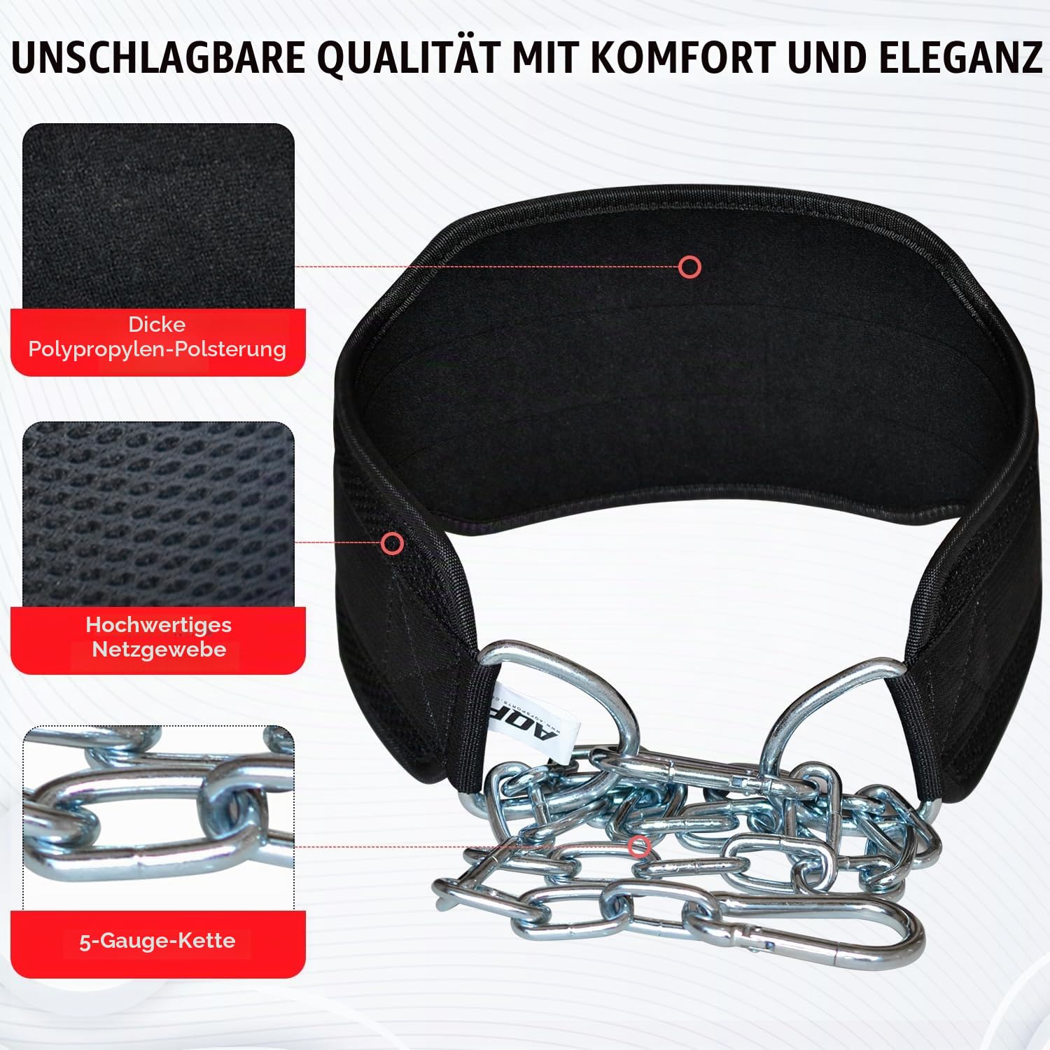 AQF Dip Gürtel für Gewichtheben | Gewichthebergürtel mit 36" langer Stahlkette | Neoprengepolsterter Rückenstützgürtel für Kraftdreikampf, Bodybuilding, Fitness und Klimmzüge