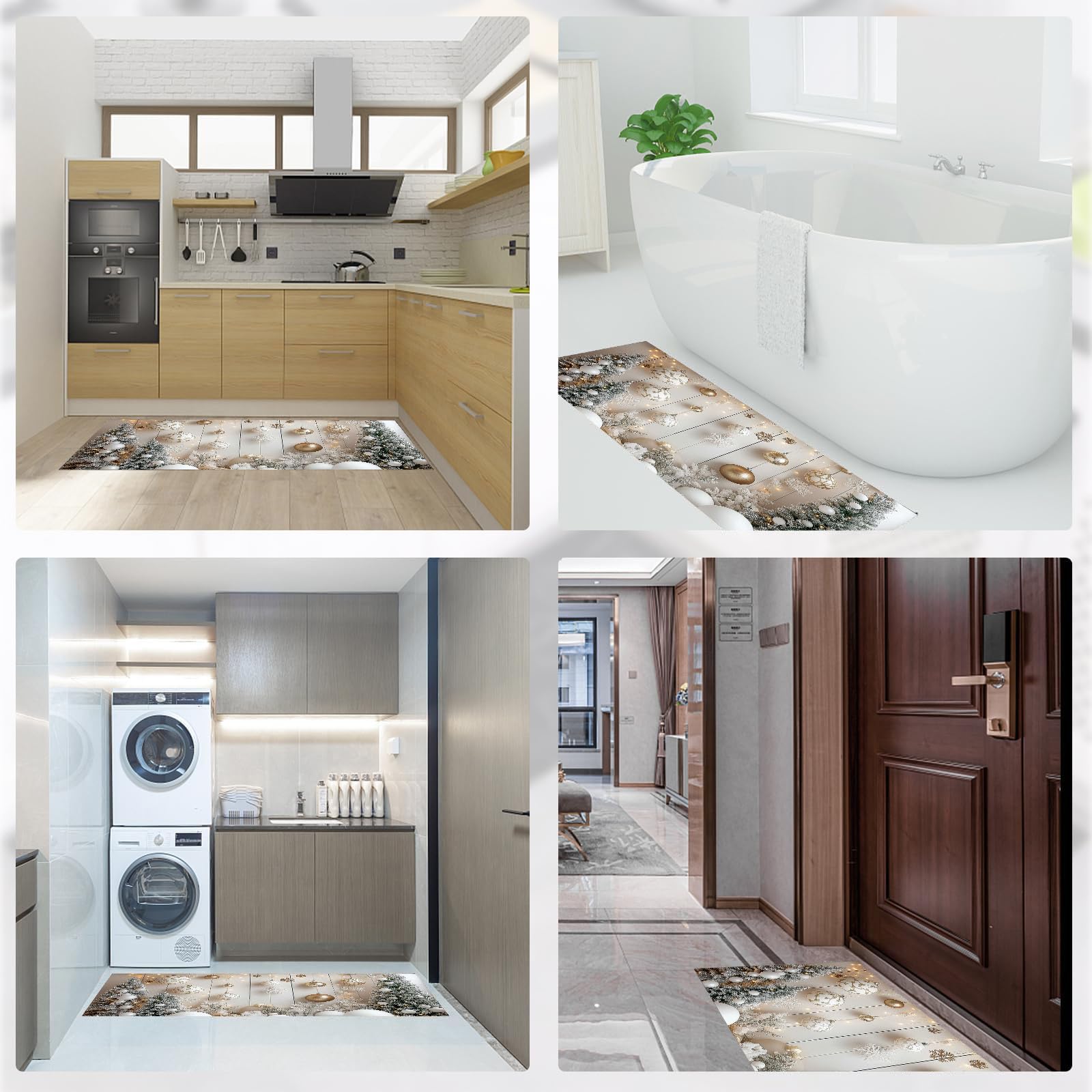 Set di 2 Tappeti da Cucina Sfondo Natalizio, Tappetini da Cucina Lavabili, Runner Antiscivolo Tema Del Festival Tappetino Assorbente per Ingresso, Beige,