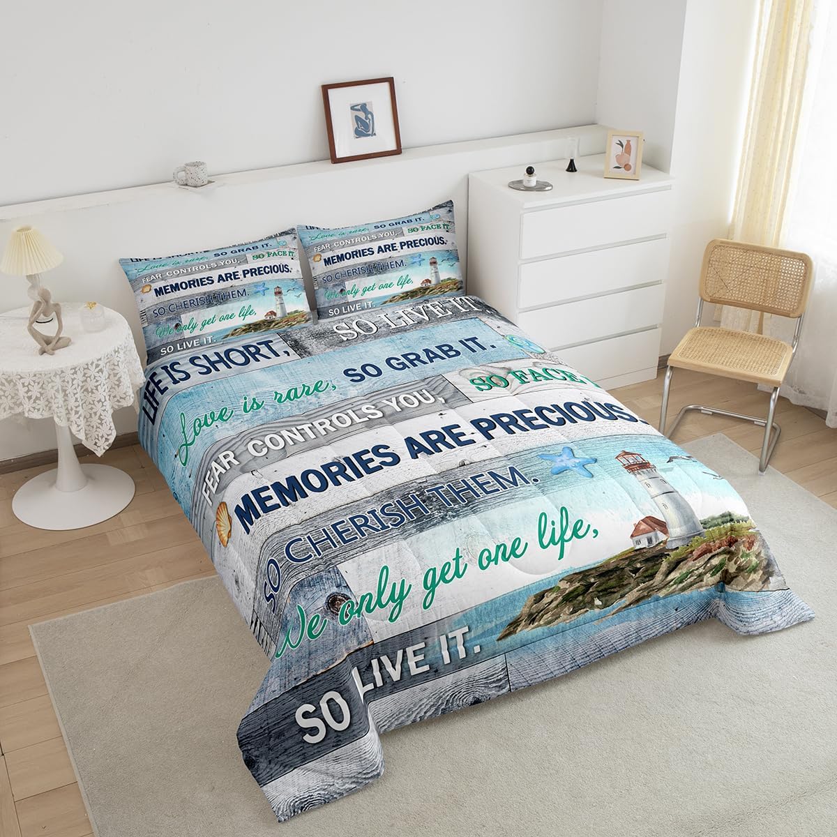 Teens Lighthouse Comforter Set Queen Size,Rustic Farmhouse Bedding Set for Kids Boys Girls Bedroom Decoration,Navigation Theme Bed Duvet Insert,Blue Gray Wood Panels Comforter with 2 Pillowcases