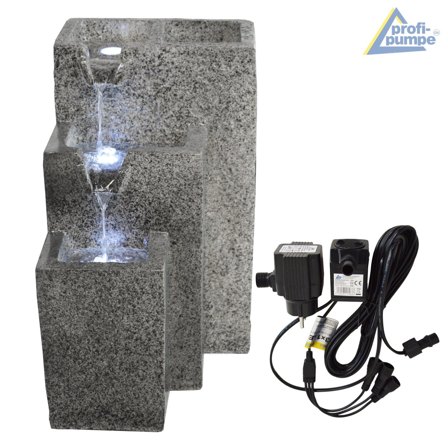 AMUR Fontanna ogrodowa, ozdobna fontanna pokojowa, z oświetleniem LED, 230 V, wodospad do ogrodu, stawu, na taras, balkon, bardzo dekoracyjna
