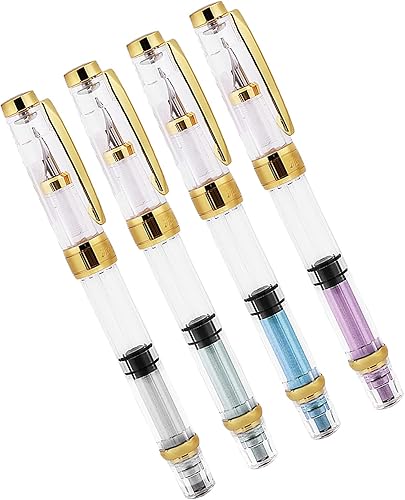 Miniatura 4 de Walfront Pluma estilográfica de relleno de pistón, punta fina dorada, transparente, colores surtidos, juego de 4, plumas estilográficas de acero