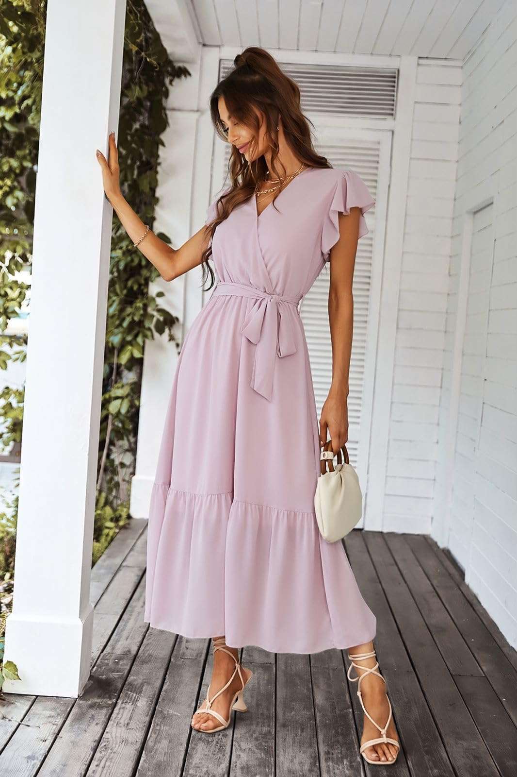 Awemeal Elegancka sukienka damska, letnia sukienka z dekoltem w serek, z krótkim rękawem, długa, letnia sukienka w stylu boho, z paskiem, falbankami, obszyciem, sukienka plażowa, linia A, płynna
