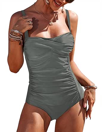 Ekouaer Women's One Piece Swimsuit Ruched Tummy Control Bathing Suits Vintage Retro Push Up Swimwear