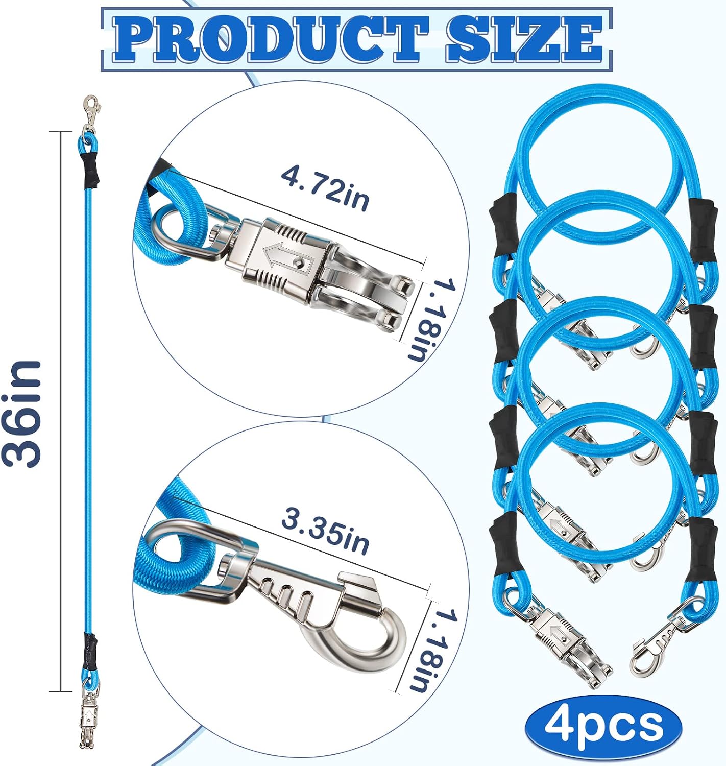 4 Pack Bungee Cross Ties Set Horse Trailer Tie Straps Bulk Bungee Cords with Snaps for Horse Trailer Accessories, 36 Inch Long (Sky Blue)
