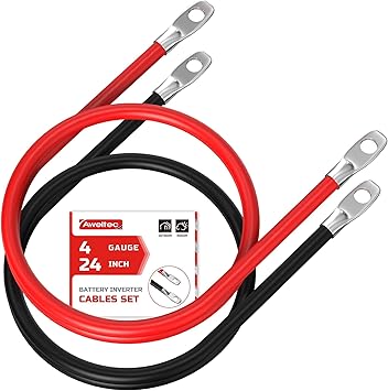4 AWG Battery Inverter Cables, 4 AWG 24 Inch Pure Copper Battery Cable with 3/8" Tabs on Both Ends Set for Automotive Solar Power Inverter Marine Boat RV Car Motorcycle Red and Black