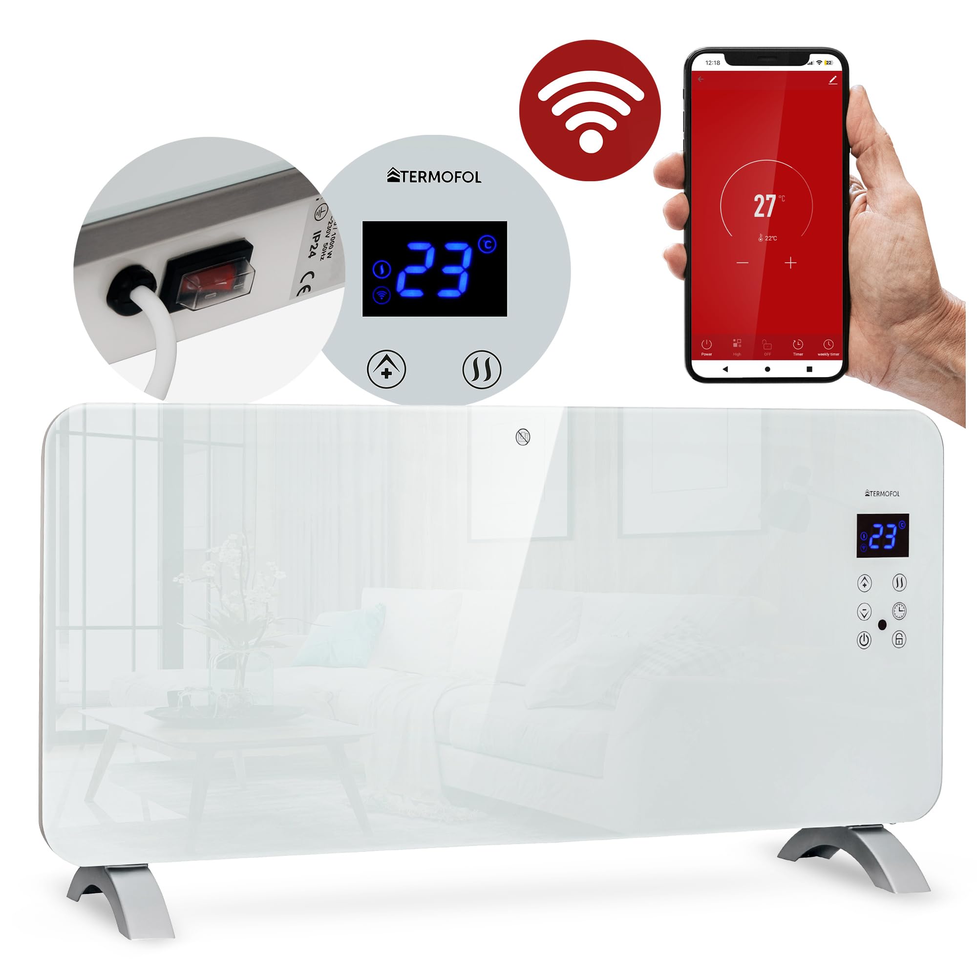 Termofol Radiateur Electrique Inertie WiFi - Radiateur Inertie Mobile - Radiateur Portable à Suspendre et à Tenir Debout - Chauffage Connecté - 2 000 W