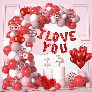 Yumiche 617PCS Valentines Balloon Arch, I Love You Balloon, Red Pink White Heart Balloon And Rose Petals For Valentines Day Wedding Engagement Anniversary Romantic Decorations Special Night