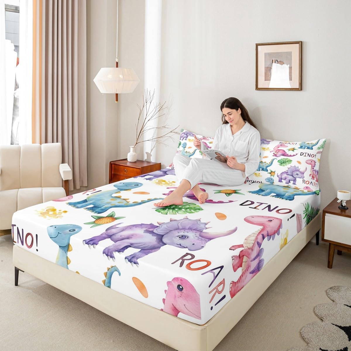 Colorful Dinosaurs Full Size Fitted Sheet,Cartoon Dinosaur Jungle Wild Animal 3 Pieces Kids Teenager Room Decor Tropical Palm Leaves Eggs Botanical Pocket 2 Pillowcases