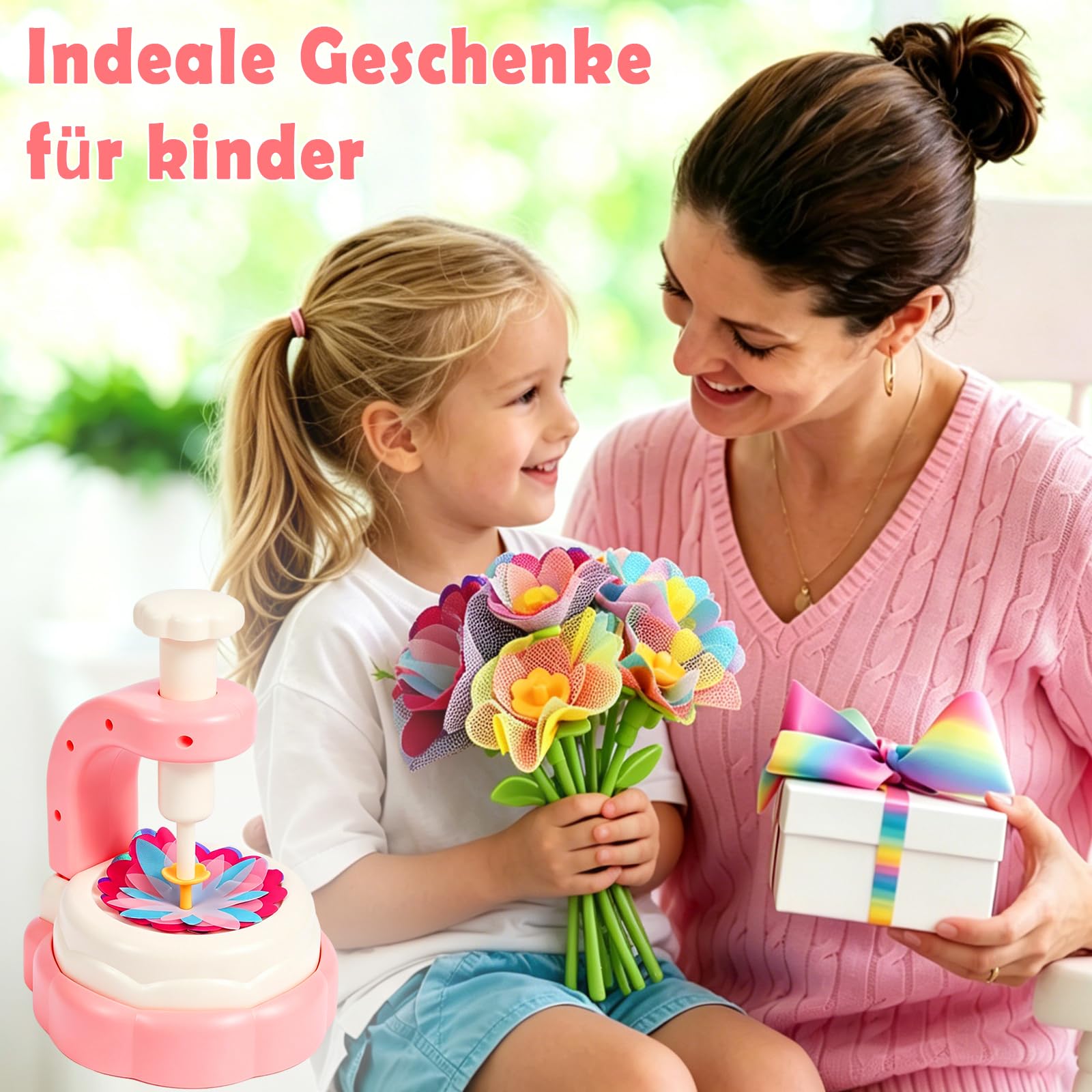 DIY Blumen Basteln Kinder, Blumenpresse mit Blumenmaschine, Komplettes Bastelset mit reichlich Zubehör für Mädchen ab 4–12 Jahre, Bastelspielzeug,Geschenk für Geburtstag, Muttertag und Weihnachten