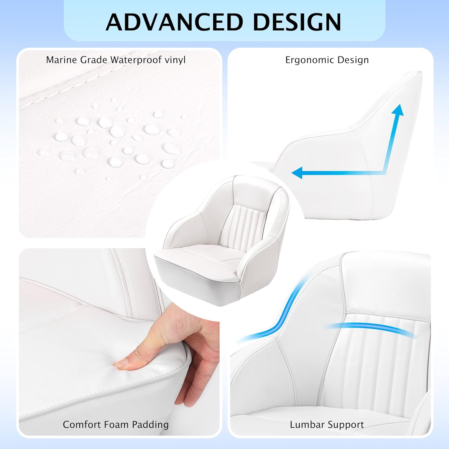 Boat Captains Chair, Thickened Sponge Padding and Ergonomic Backrest, Captain Bucket Boat Seat, Wide Bucket Seat for Fishing, Sightseeing, Speedboat, and Canoe, Jon Boat, All White