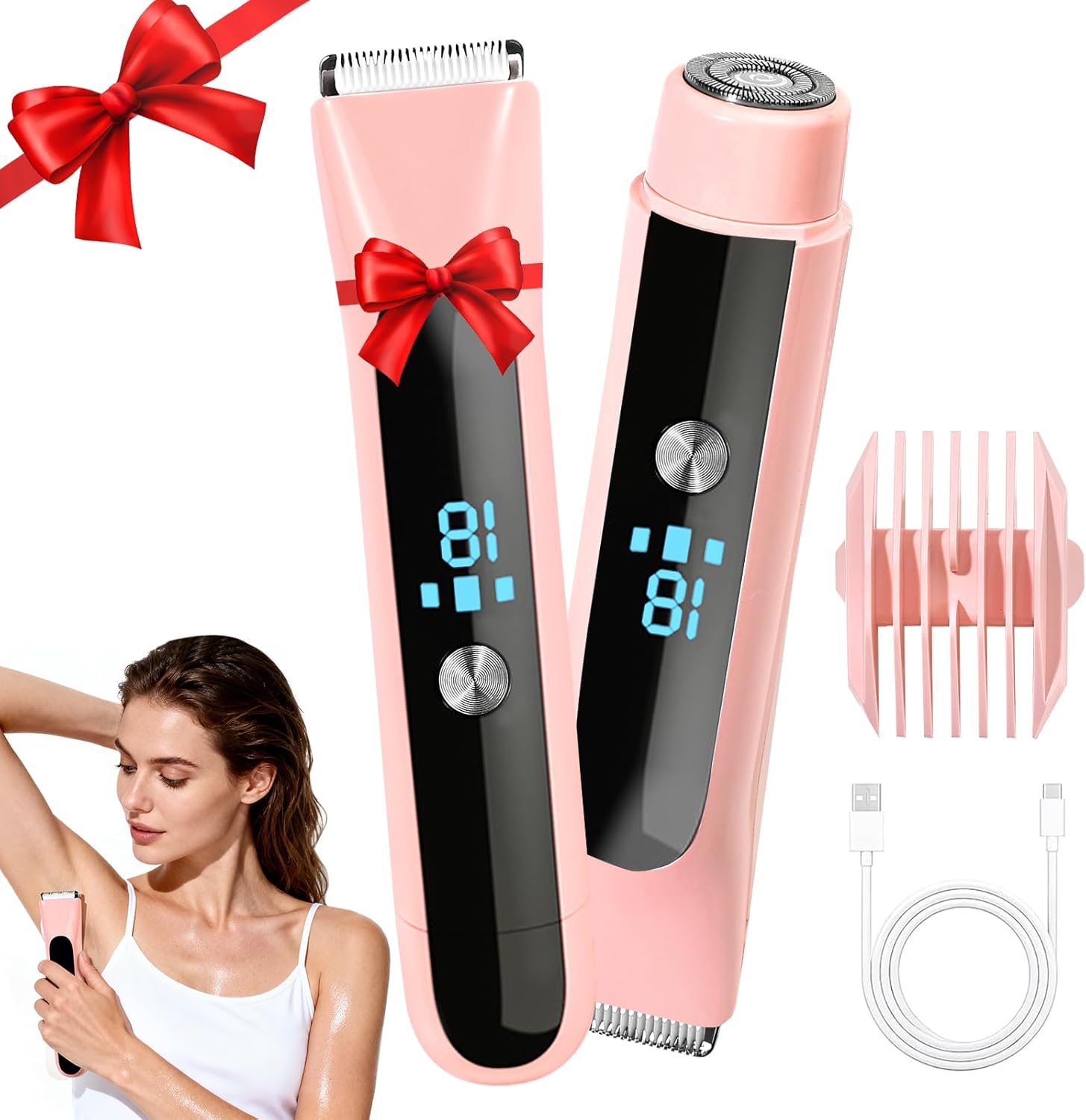 bayfree 2-in-1 Bikini Trimmer for Women, Dual-Head Bikini Shaver for Painless Pubic & Facial Hair Removal, IPX7 Waterproof, Type-C Fast Charge, Long Cordless Use, Holiday Gift Valentine's Day Gift