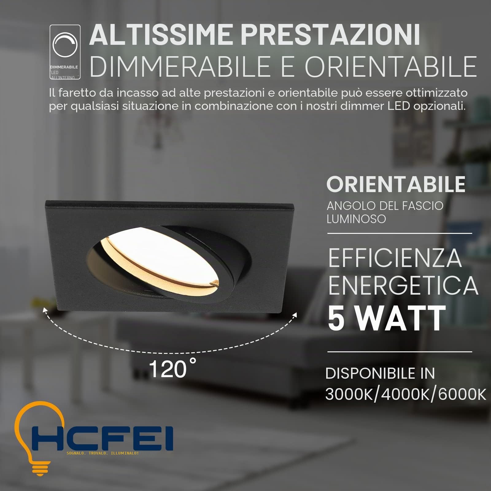 HCFEI Faretto da incasso a LED ultra piatto, 425 lumen, 230 V, 5 W, dimmerabile, alloggiamento angolare, orientabile, nero (10 pezzi, bianco caldo)
