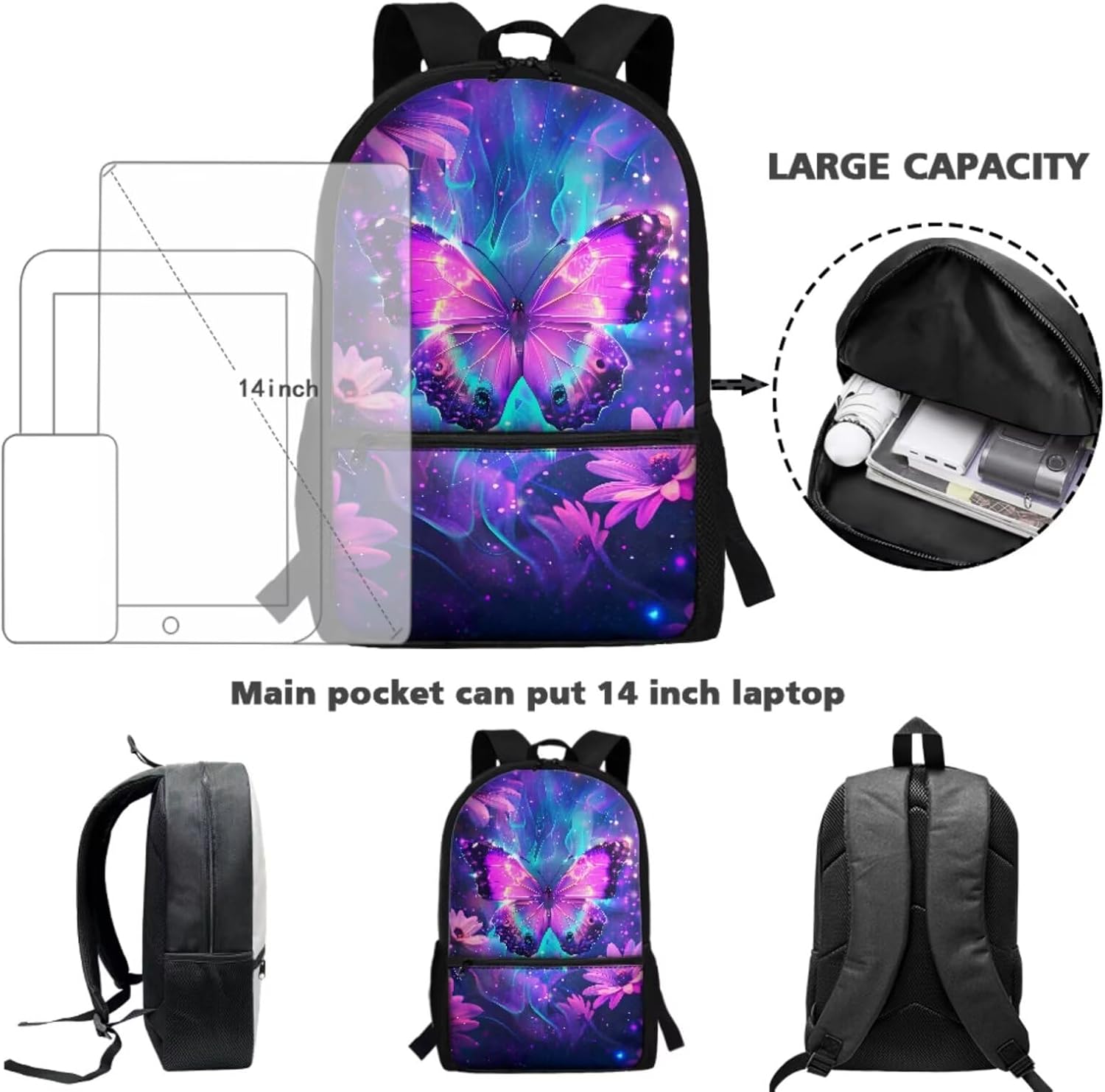 Galaxy Butterfly Backpack for Girls School Bag with Lunch Box Pencil Case Water Bottle Holder 4 PCS Bookbag Casual Boys Daypack Back to School Accessories