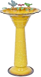 Alpine Corporation ORS112YL Vintage Metal Pedestal Birdbath with Stand, Shallow Bird Bath Bowl for Outside, 28" H, Yellow