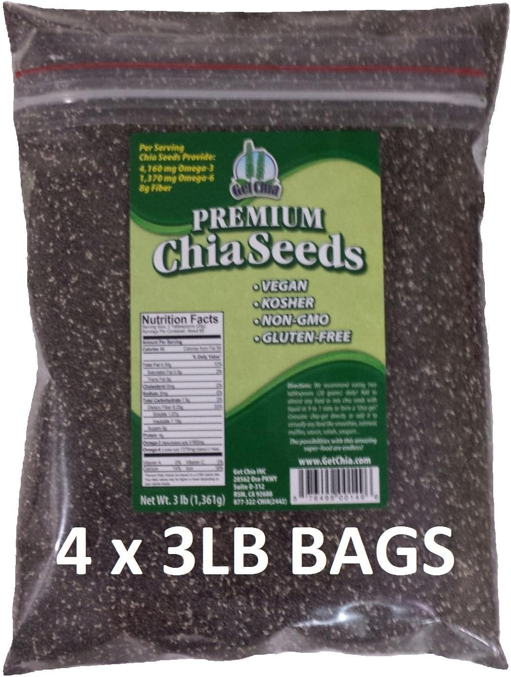 Brand BLACK Chia Seeds - 12 TOTAL POUNDS = FOUR x 3 Pound Bags