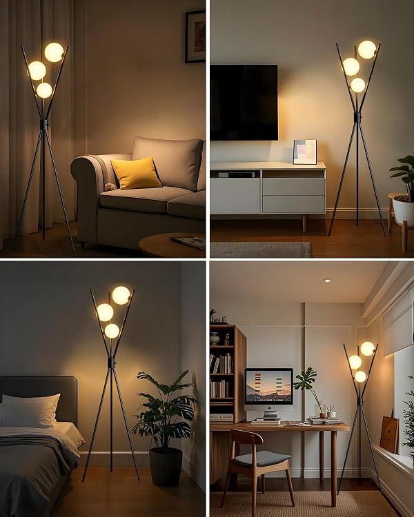 Lightdot 60IN Dimmable Black Tripod Floor Lamp, Mid Century Standing Lamps with 3 Globe Soft Warm White Eye Care 3000K Bulbs Included, Modern Tall Lamp for Living Room/Bedroom/Sofa Beside/Corner Decor by Lightdot - Used condition - Image 2