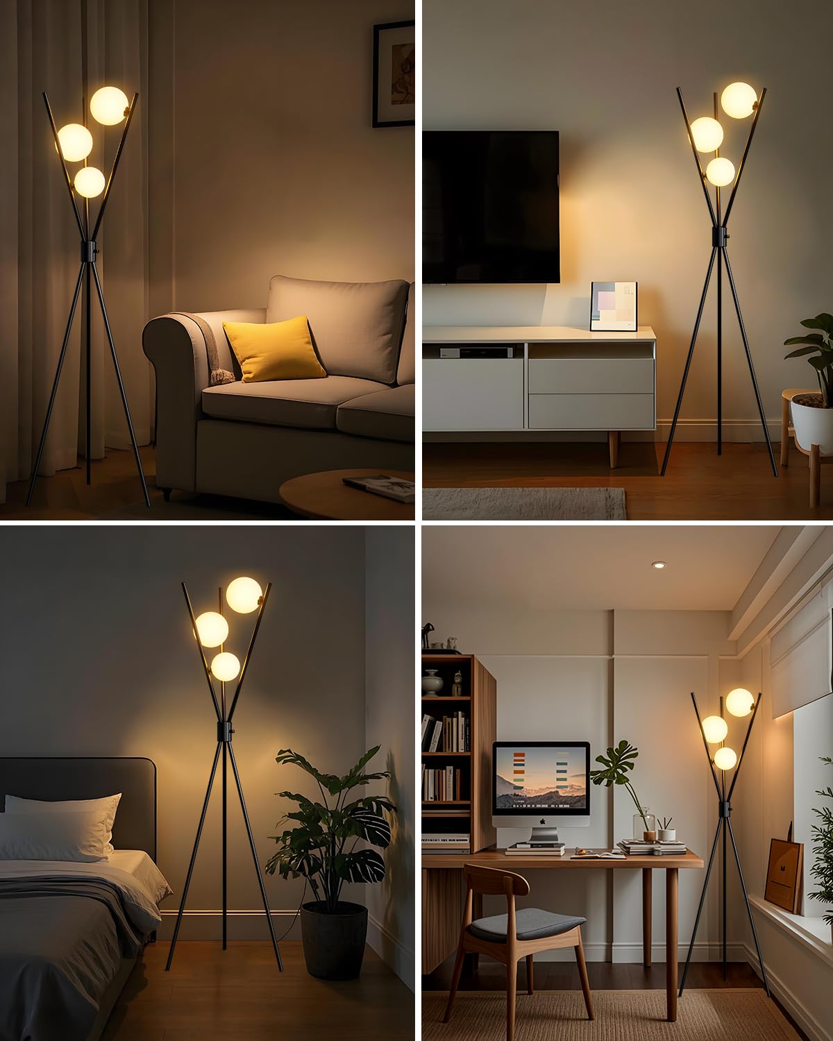 3 globusy ściemniana lampa podłogowa, lampy stojące z połowy wieku z 3 szt. żarówek 3000 K w zestawie, nowoczesna wysoka lampa do salonu, sypialni, biura, czarna