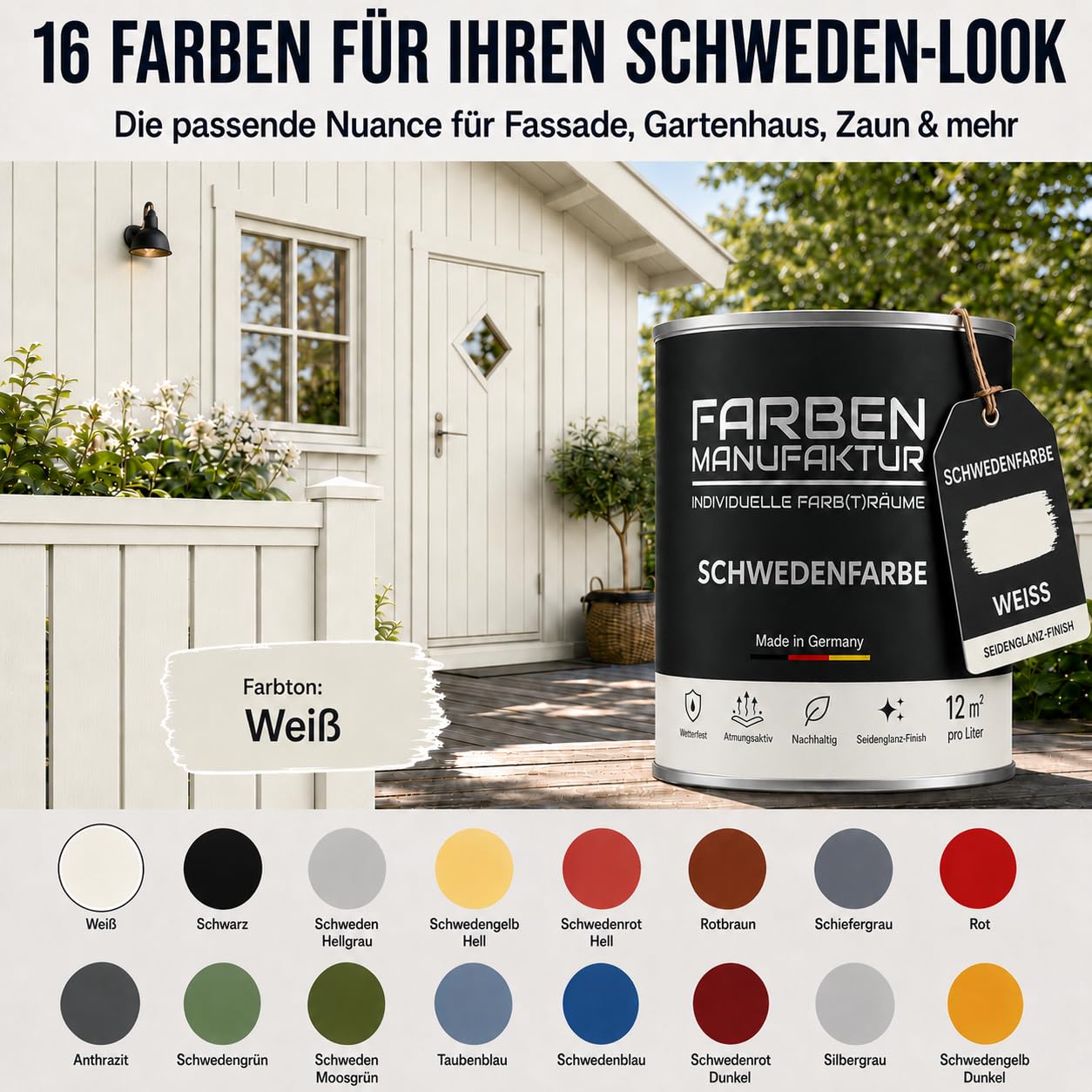 Schwedenfarbe Holzfarbe Außen Wetterfest – Holzschutzfarbe für Fassade, Gartenhaus, Zaun & Scheune – Diffusionsoffen & Nachhaltig Wetterschutzfarbe 2L, Größe: 2L, Farbe: weiß