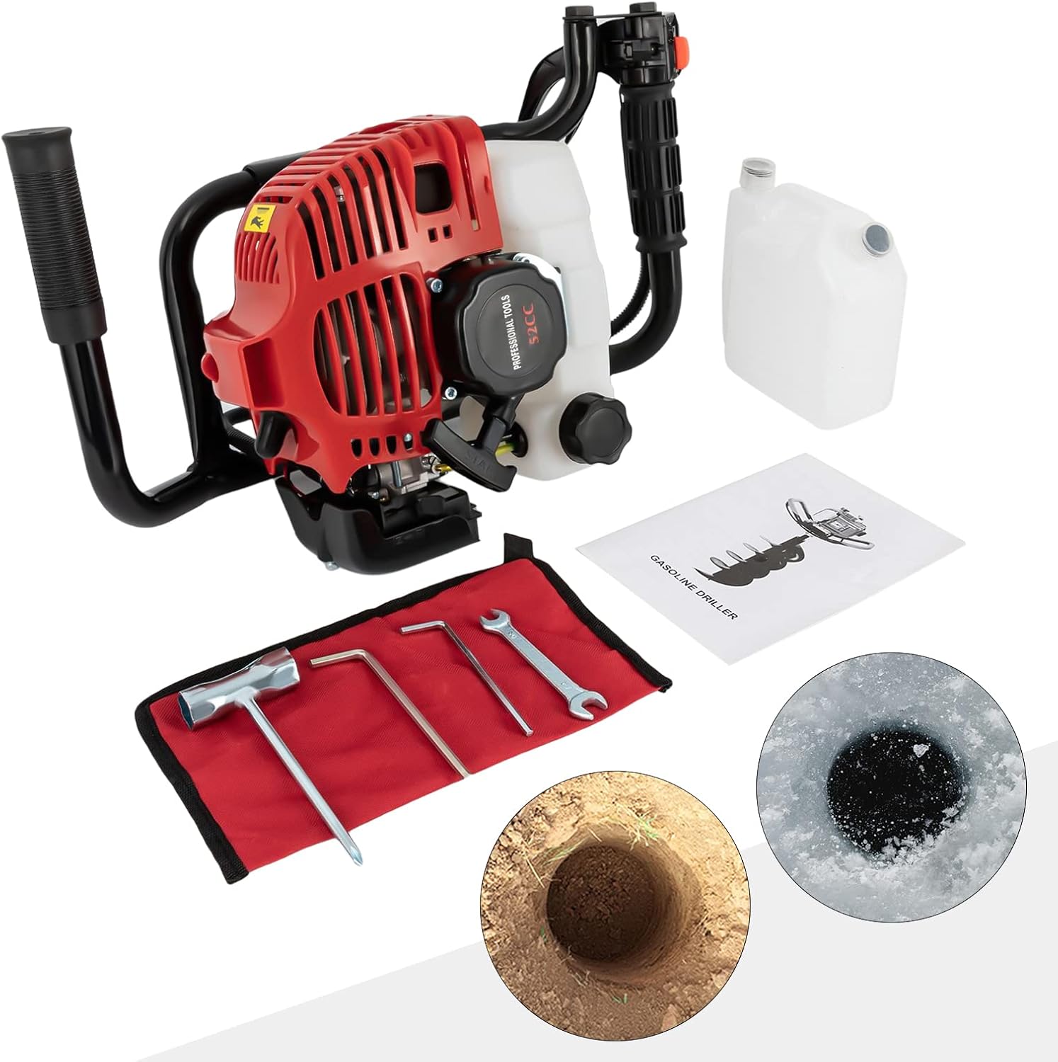 2-Stroke Post Hole Digger 52CC Gas Powered Earth Digger Gas Powered Earth Auger with Cooling System&CDI Power Head Machine for Augers Up to 20 Cm/7.87 Inches,Without Drill Bits