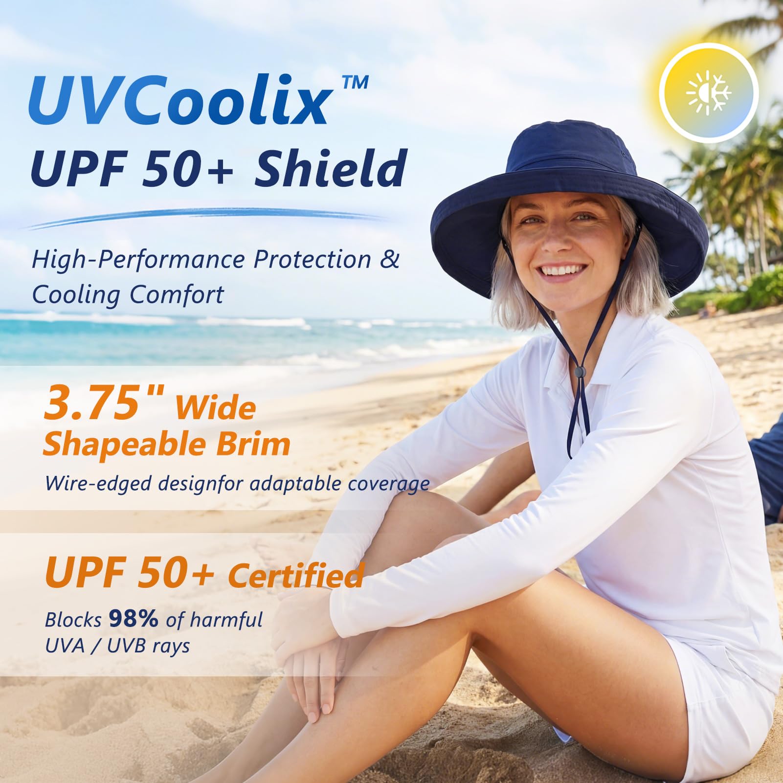 TOP-EX UVCoolix™ - Chapeau de soleil rafraîchissant pour femme - Protection UV UPF 50+ - Large bord - Pliable - Avec ouverture pour queue de cheval - Pour la plage, la randonnée, le jardinage