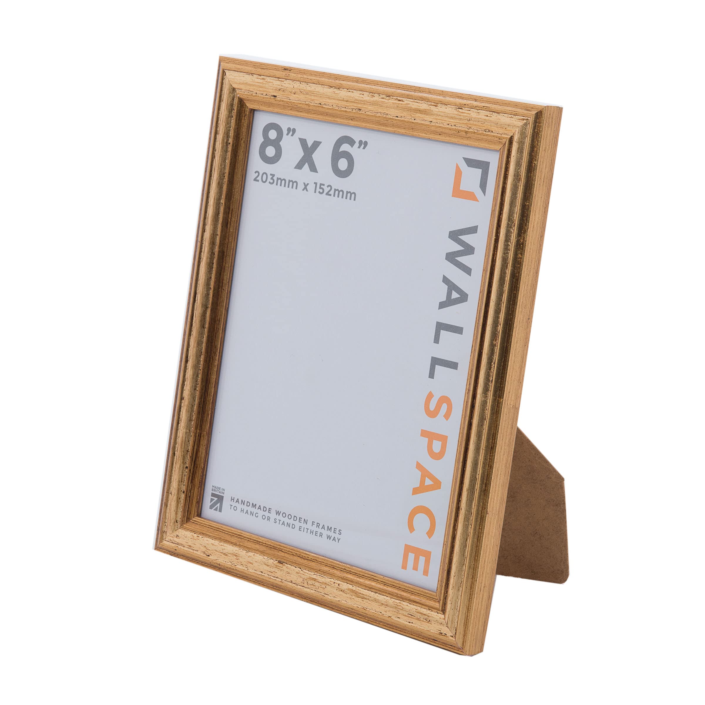 Wall Space 8x6 Gold Picture Frame | Gold 6x8 Photo Frame | 8 x 6 inch | 203x152mm | 20.3x15.2cm | Solid Wood Wooden with Real Glass | Handmade in UK