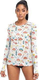 KLL Trippy Mushrooms Rainbow Women Rash Guard Beach UPF 50+ Swim Top Running Surfing