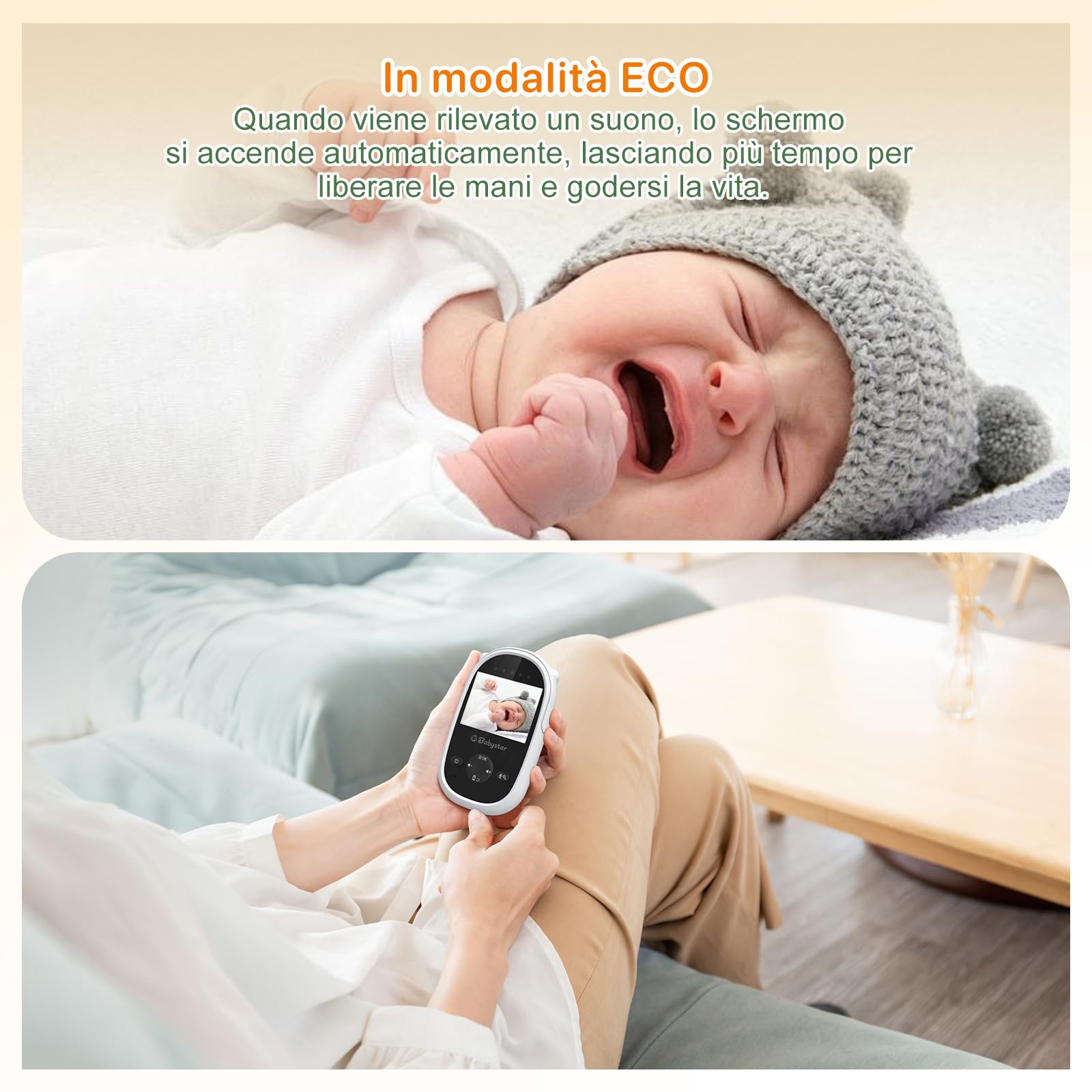 Babystar baby monitor con telecamera e visione notturna, video baby monitor wireless a 2,4 GHz con batteria ricaricabile, conversazione bidirezionale, schermo da 2,4 pollici, modalità ECO, ninne nanne
